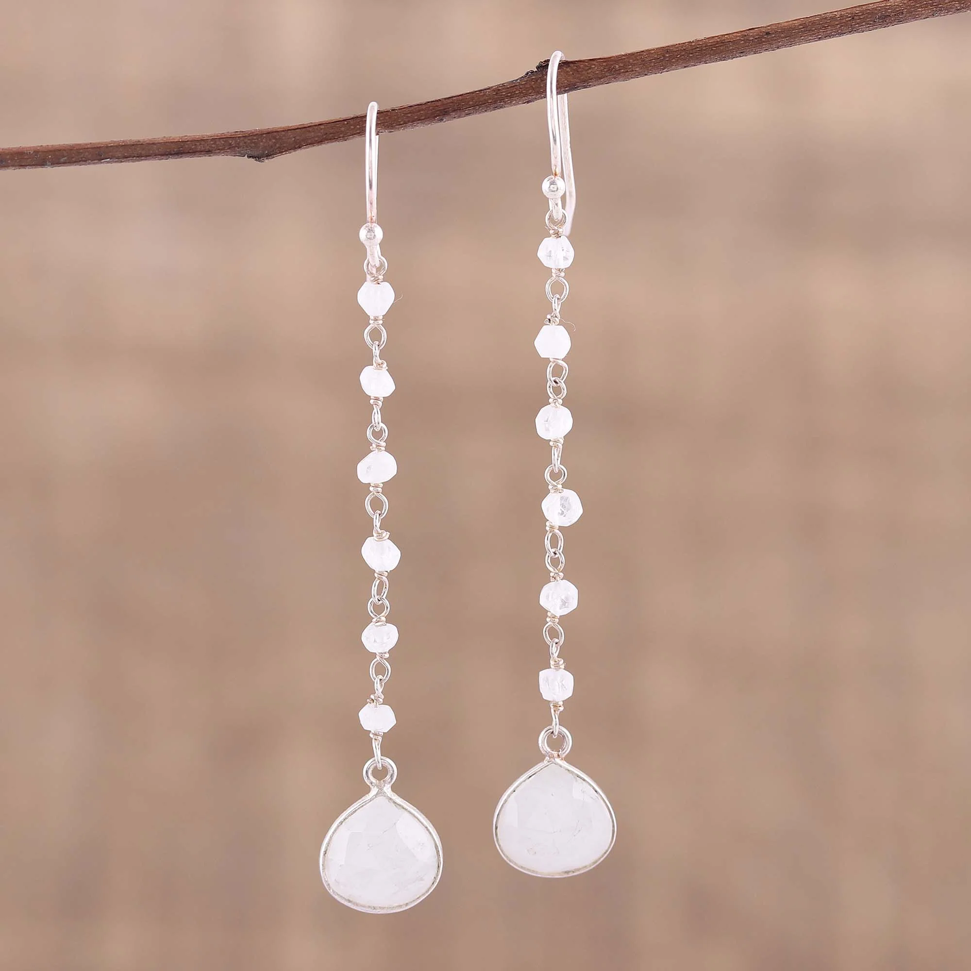 Morning Drops Rainbow Moonstone Teardrop Dangle Earrings from India