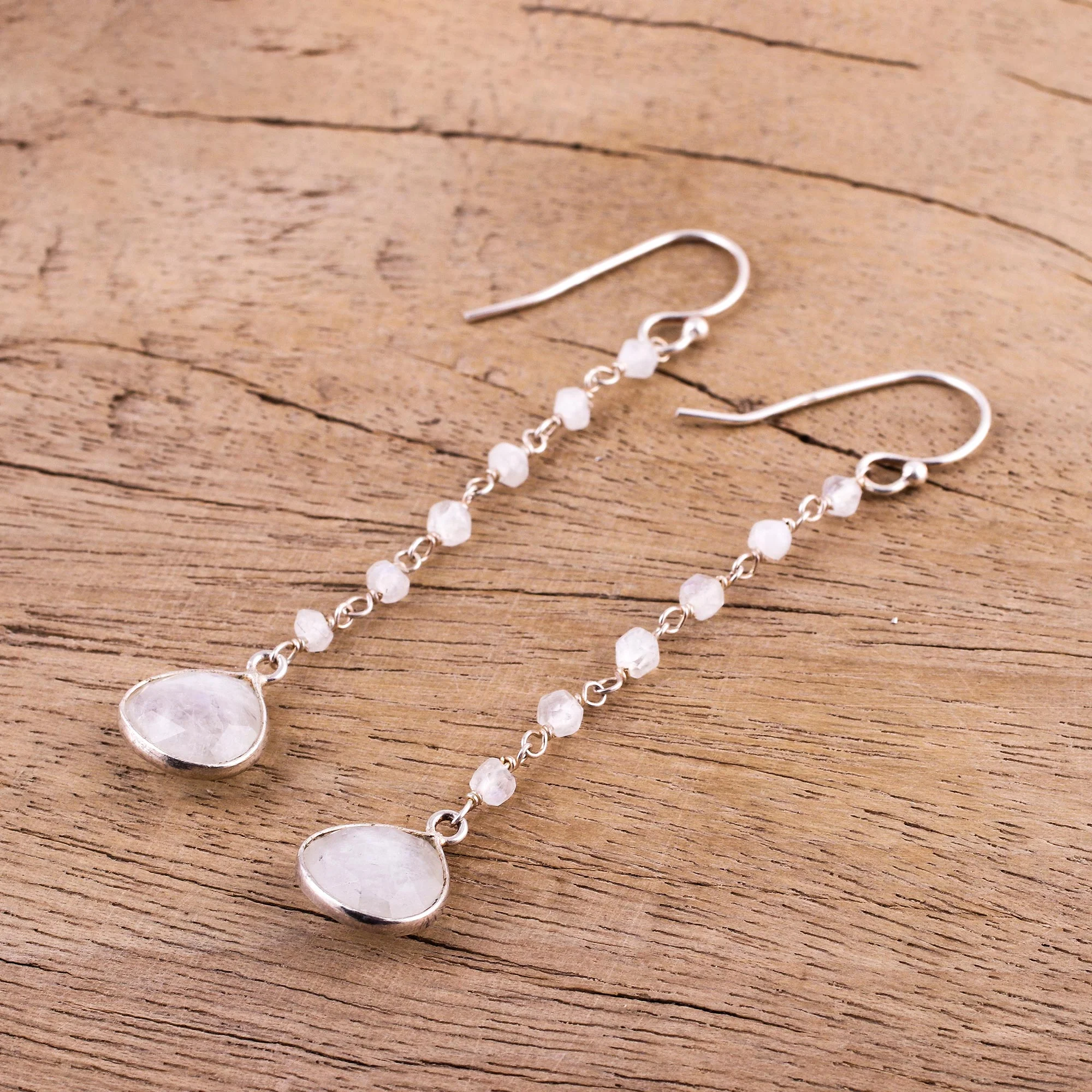 Morning Drops Rainbow Moonstone Teardrop Dangle Earrings from India - Image 3
