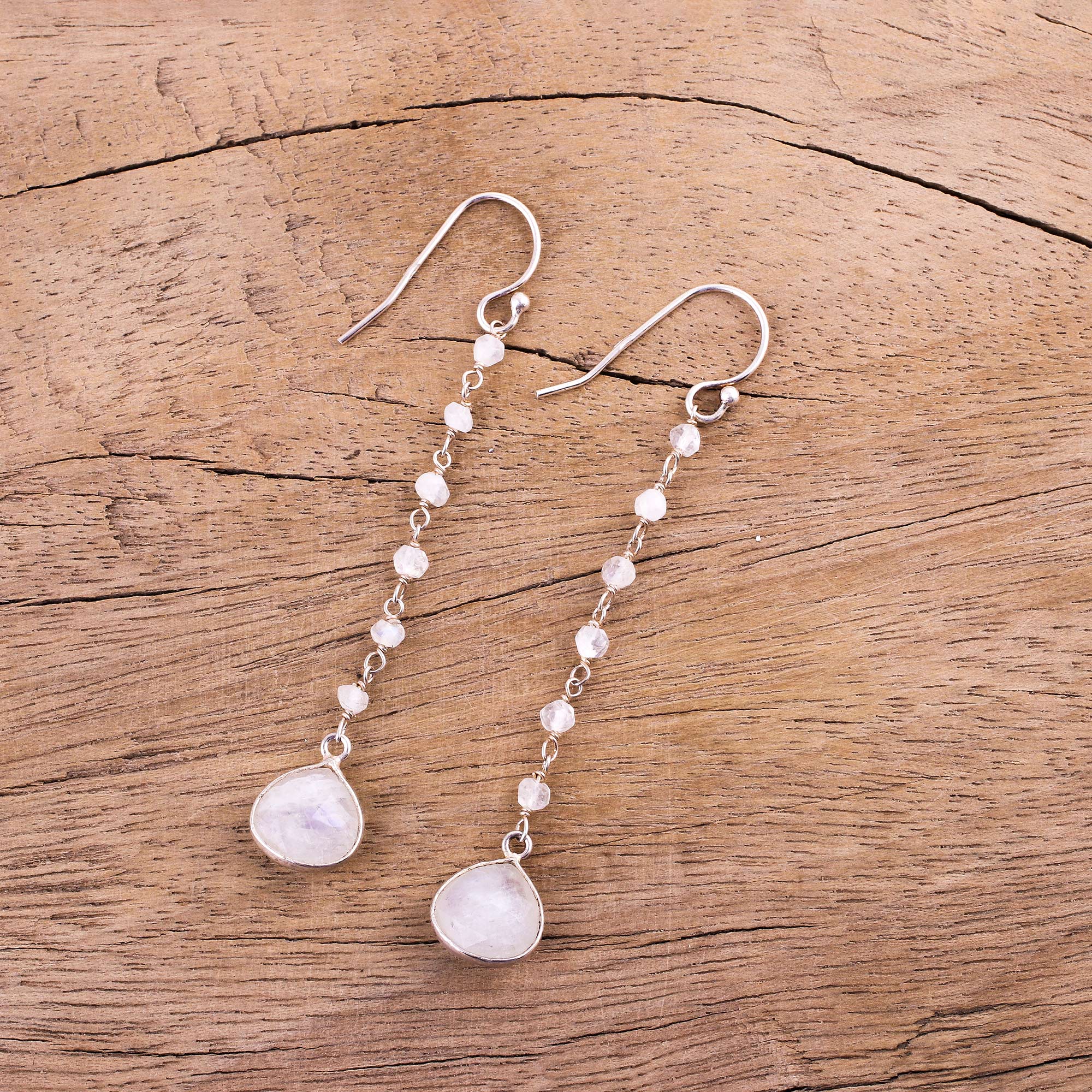 Morning Drops Rainbow Moonstone Teardrop Dangle Earrings from India - Image 4