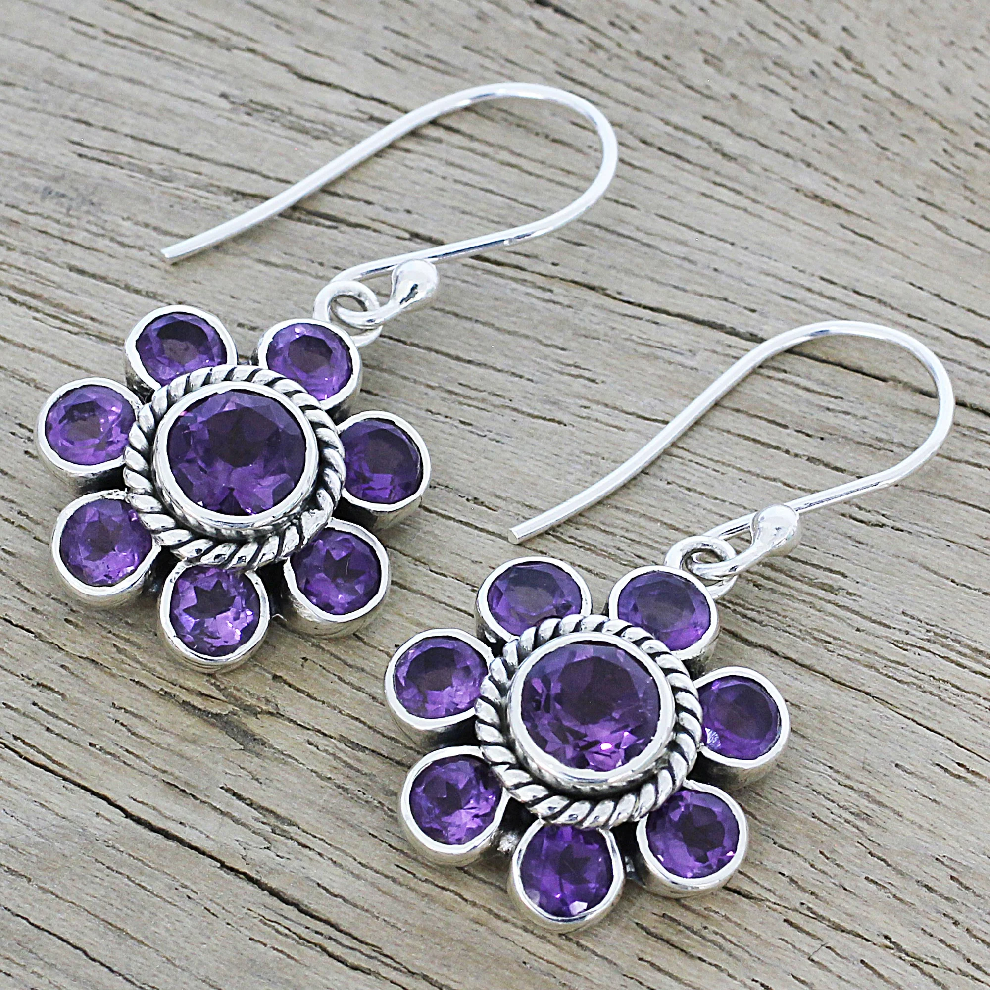 Morning Glitter in Purple Amethyst and Sterling Silver Dangle Earrings from India - Image 3