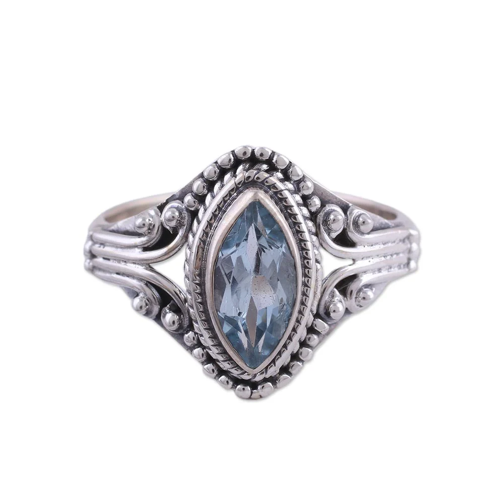 Morning Luxury Blue Topaz and Sterling Silver Single Stone Ring from India - Image 2