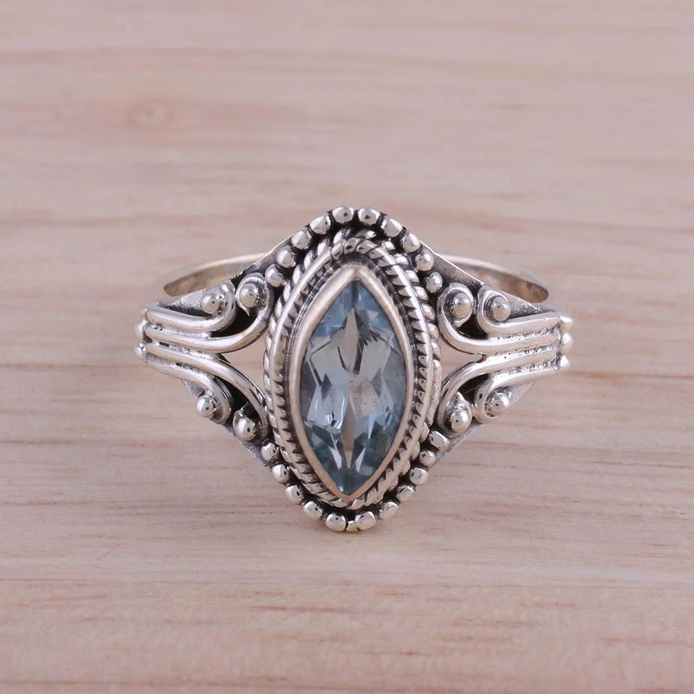 Morning Luxury Blue Topaz and Sterling Silver Single Stone Ring from India - Image 3