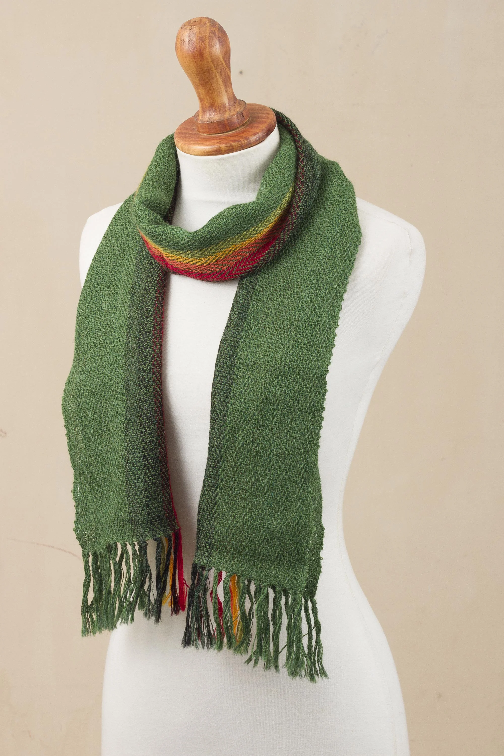 Moss Rainbow Green and Multicolored 100% Alpaca Wrap Scarf from Peru - Image 4