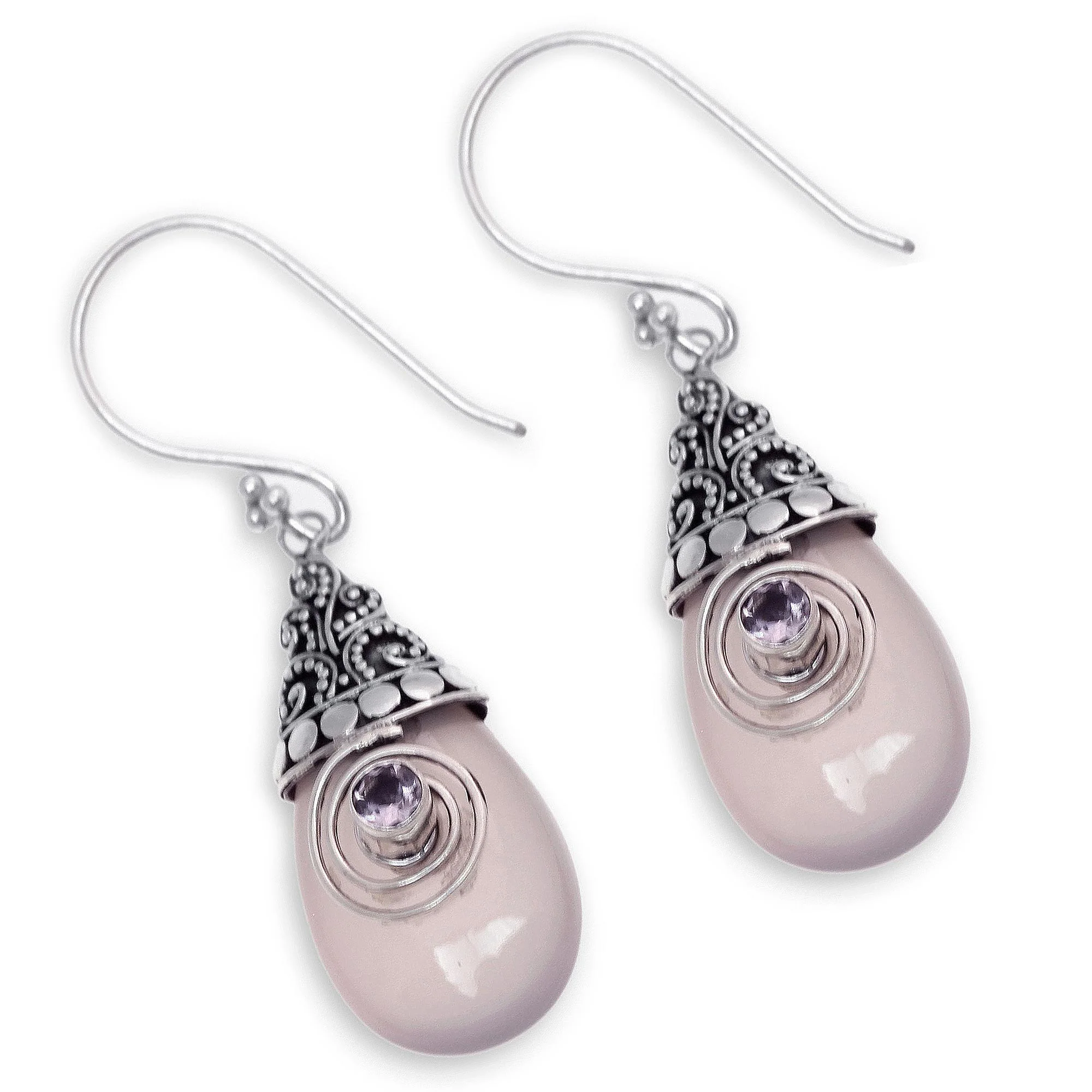 Mount Bromo Dawn Rose Quartz and Amethyst Sterling Silver Dangle Earrings - Image 3