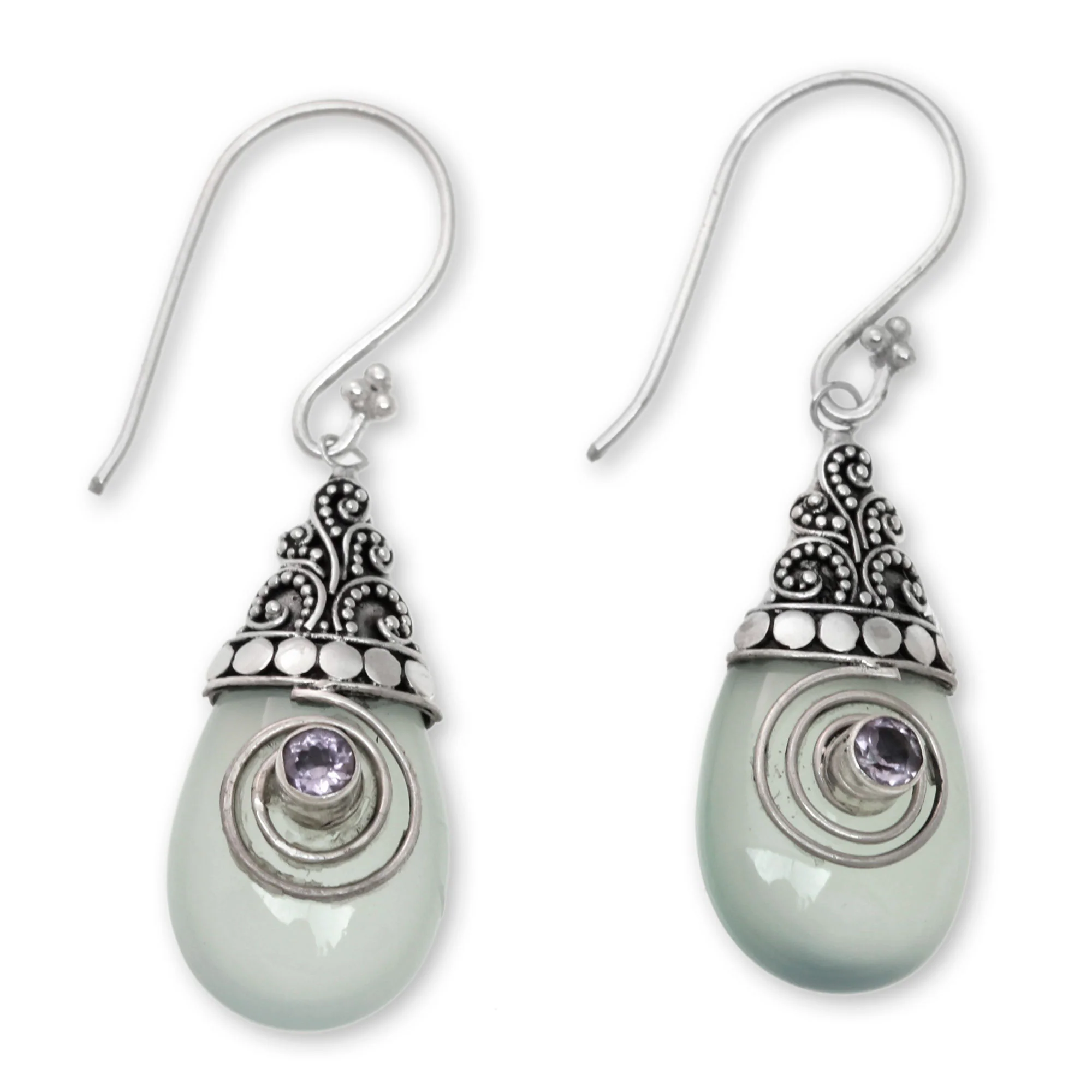 Mount Bromo Mist Chalcedony and Amethyst Sterling Silver Dangle Earrings - Image 2