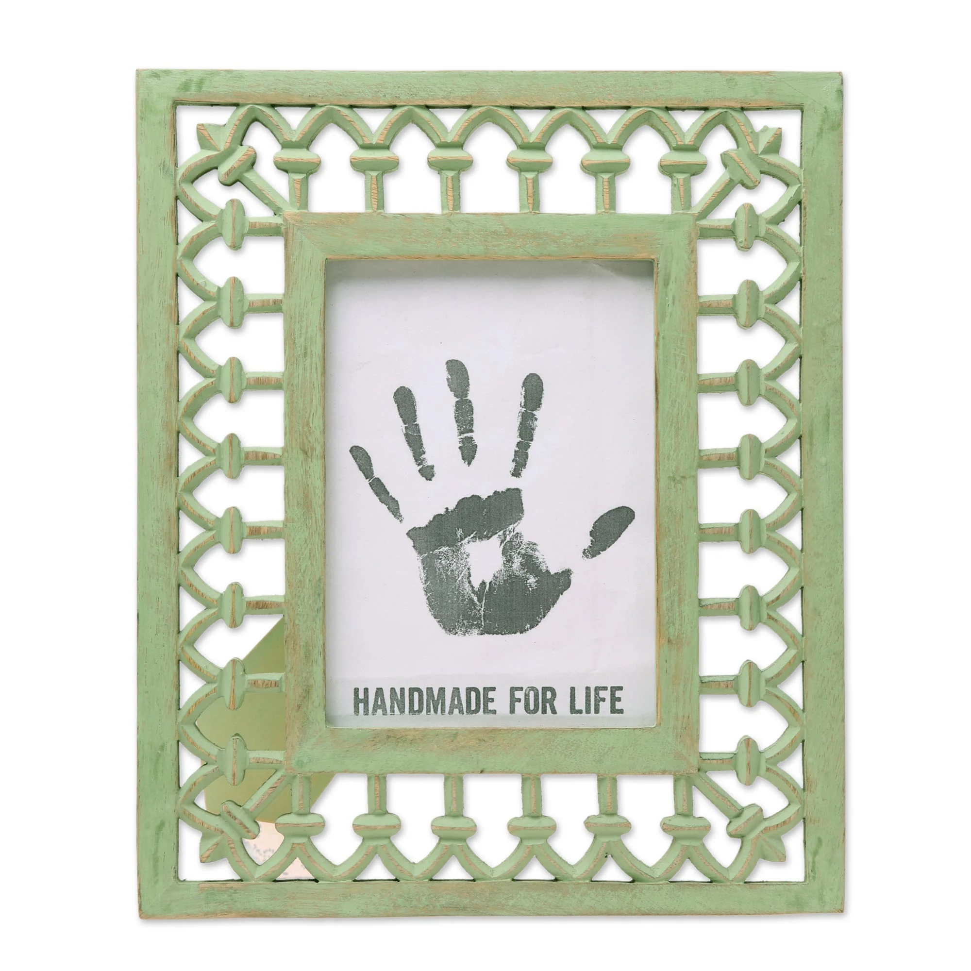 Mughal Memory Keeper Avocado Green Hand-Carved Mango Wood Photo Frame (5x7) - Image 2