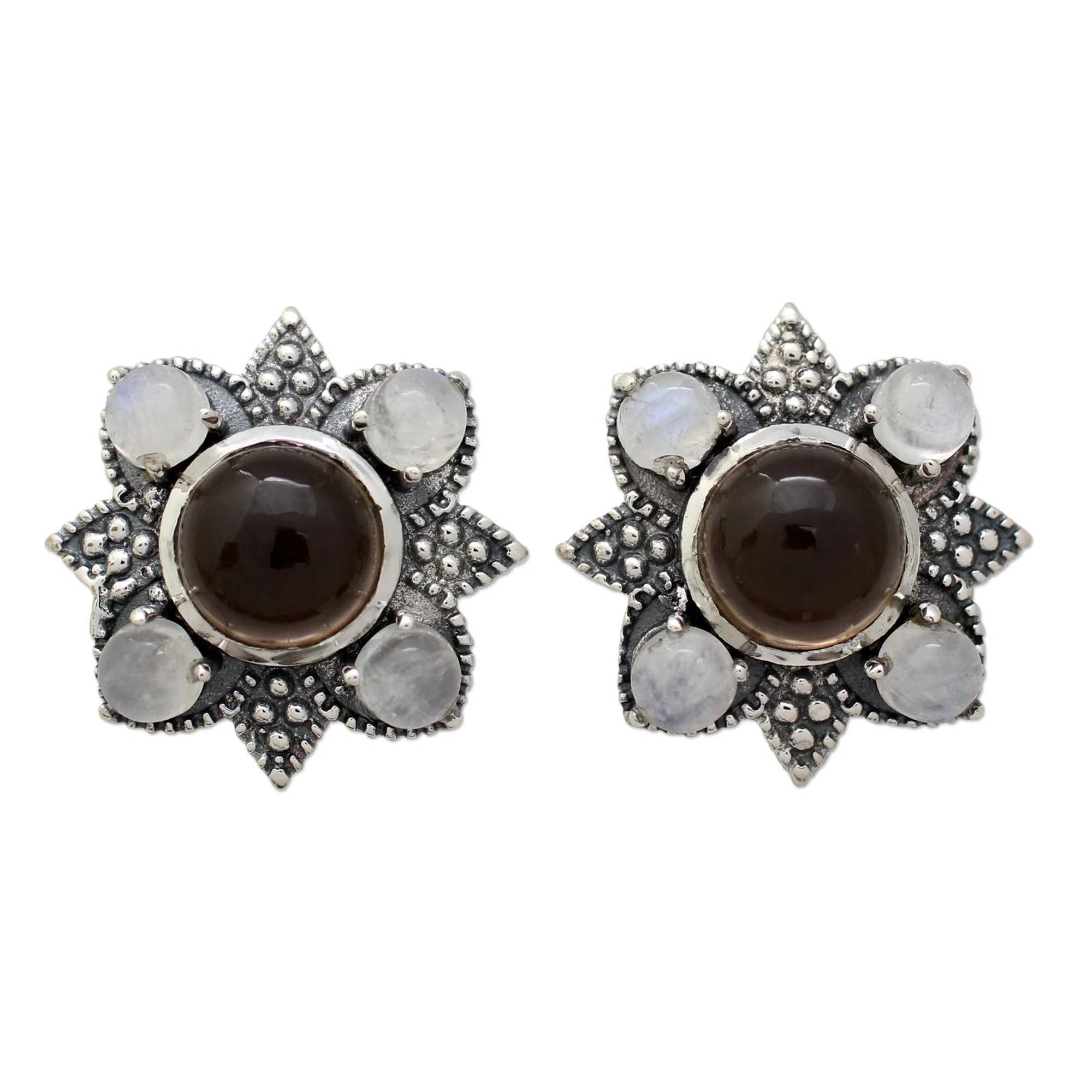 Mughal Moonlight Smoky Quartz & Silver Button Earrings - Image 2