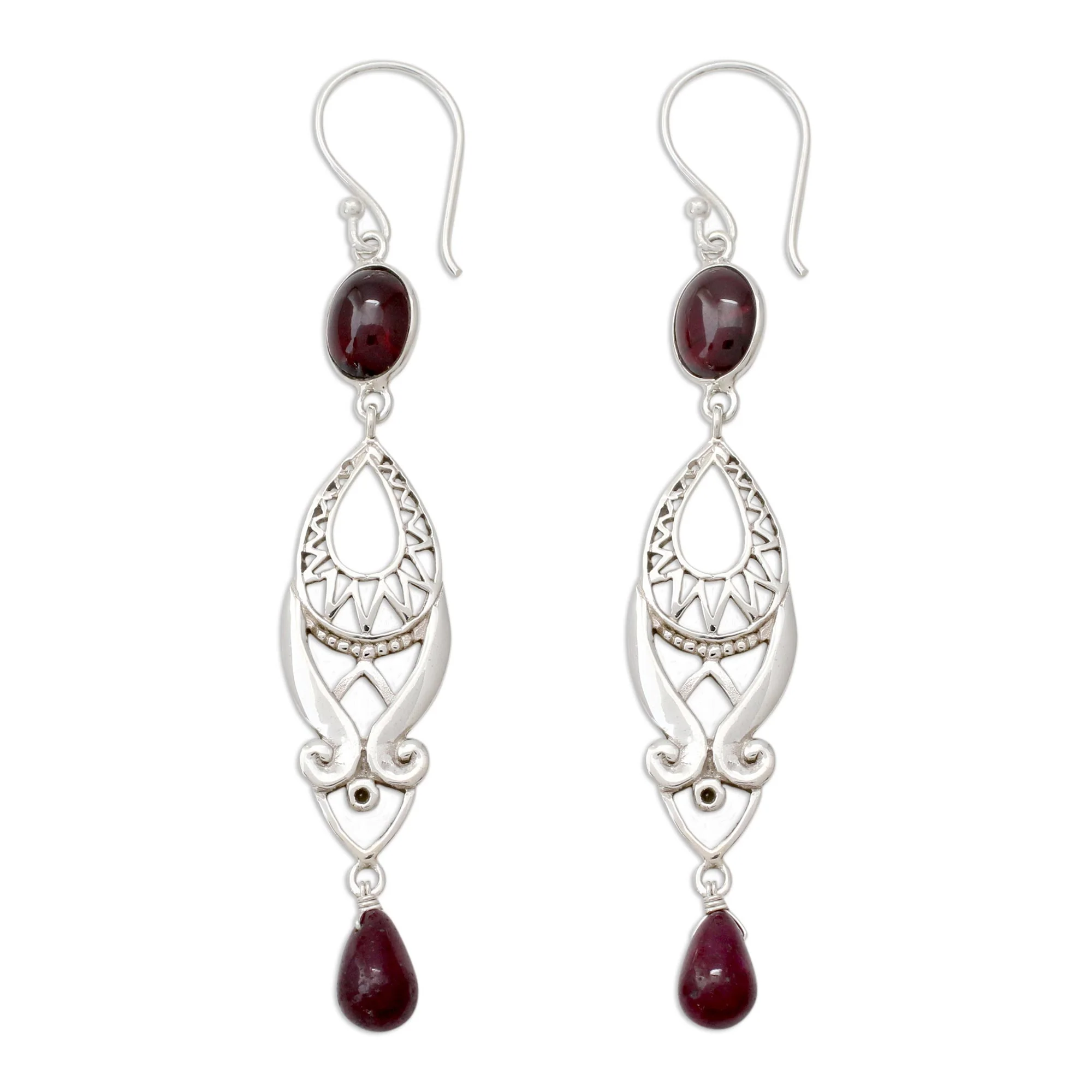 Mughal Mystery Long Ruby and Garnet Earrings in Sterling Silver from India - Image 2
