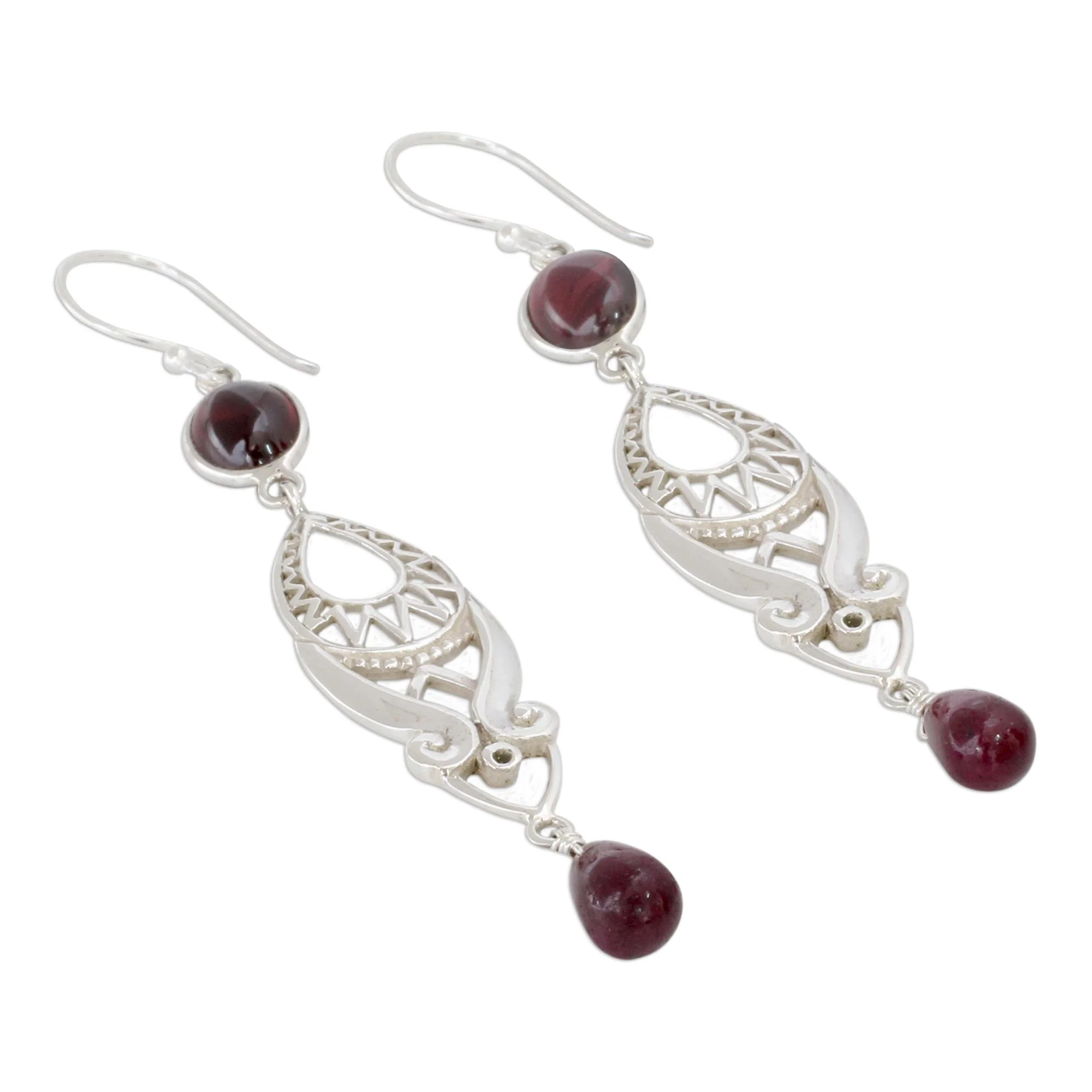 Mughal Mystery Long Ruby and Garnet Earrings in Sterling Silver from India - Image 3