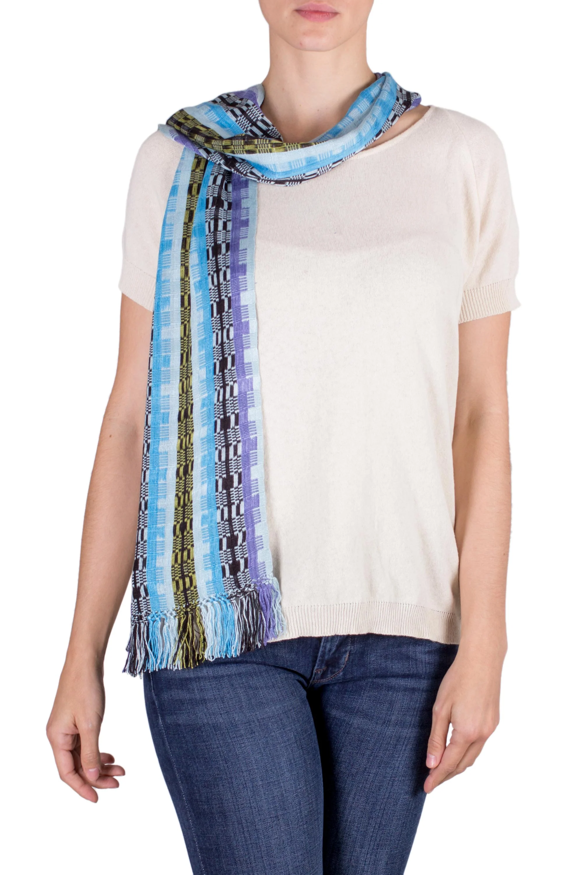 Multicolor Blue Bamboo Hand Woven Rayon Scarf in Shades of Blue and Lilac - Image 2