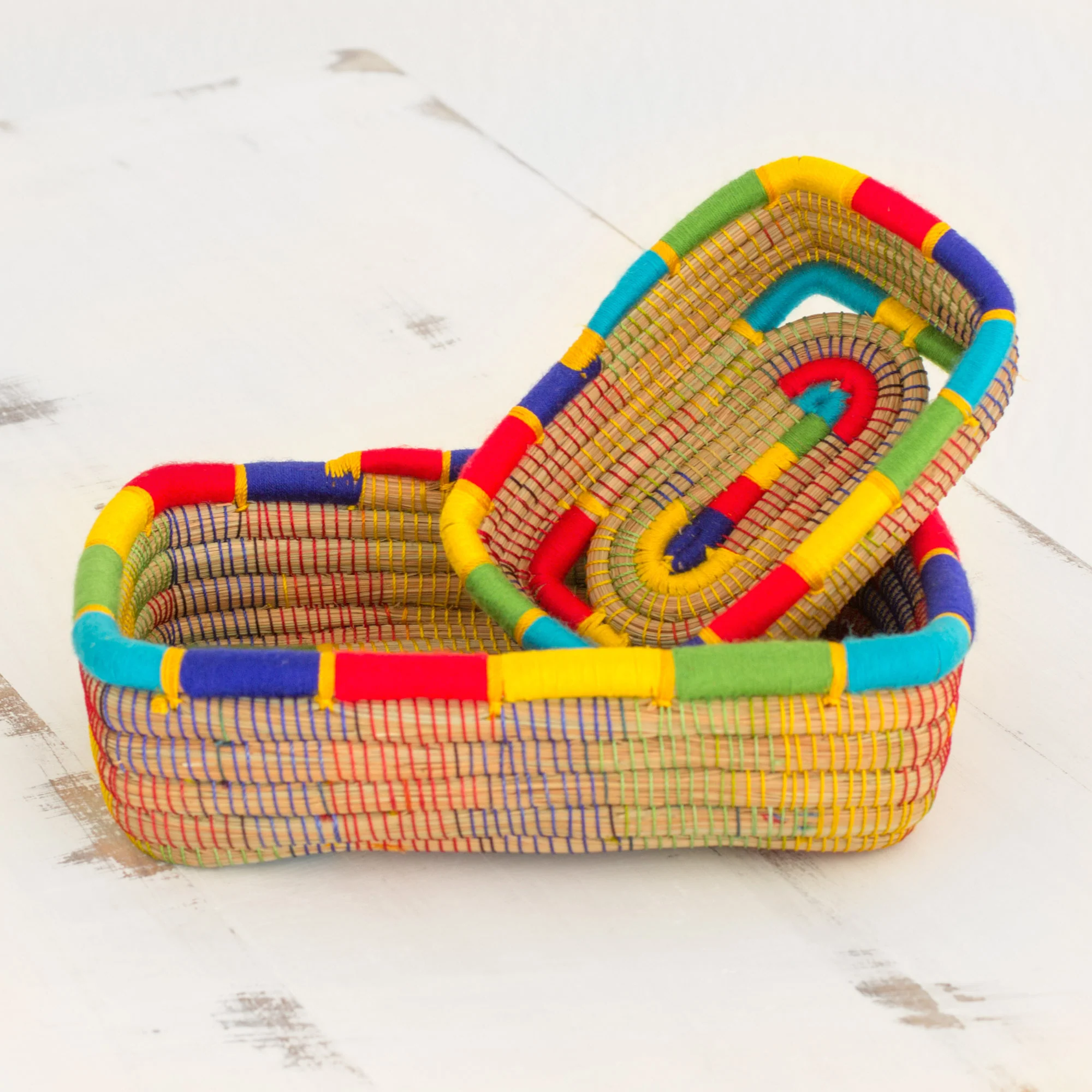 Multicolored Managua Two Rainbow Trim Nicaraguan Handwoven Pine Needle Baskets - Image 3