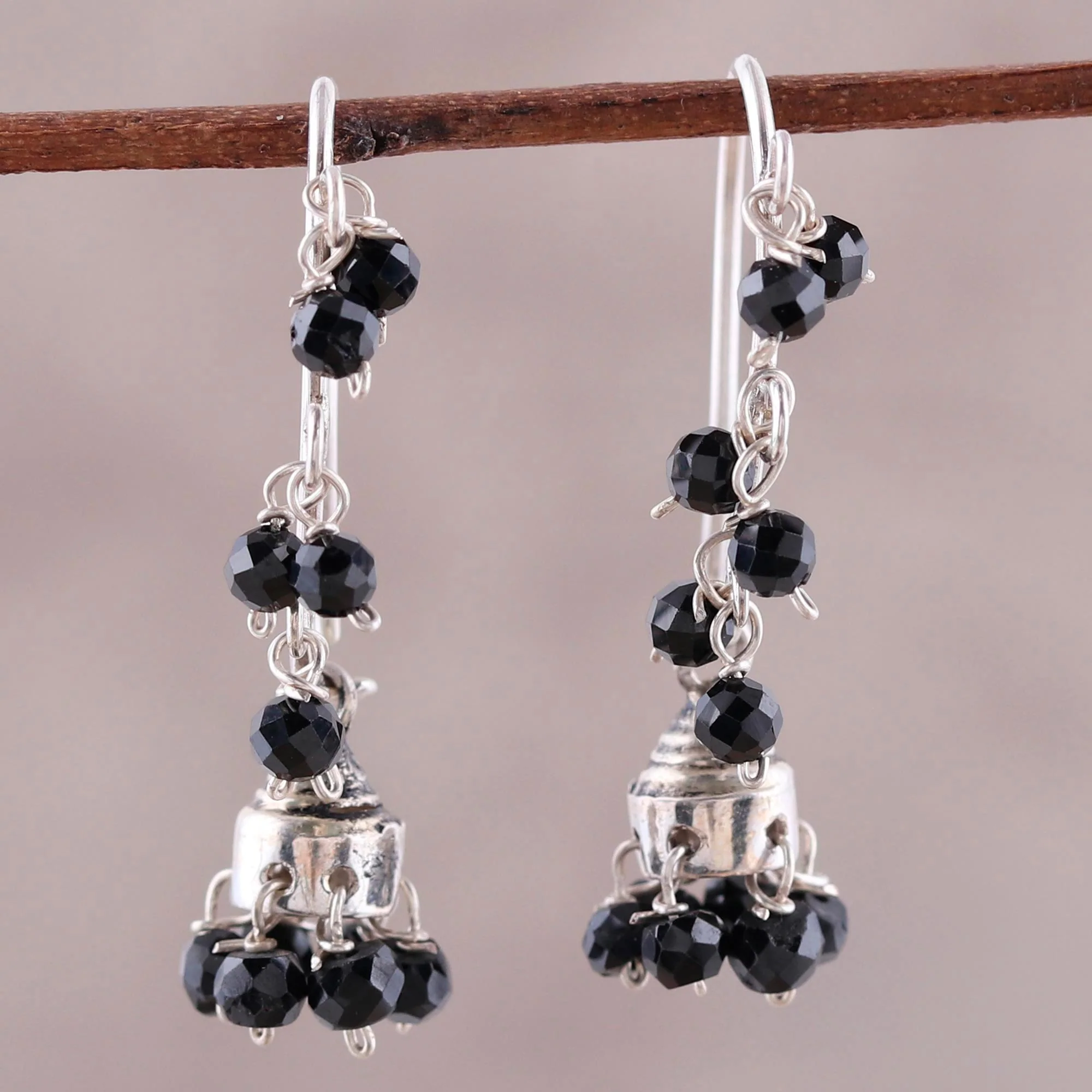 Music Faceted Onyx Chandelier Earrings from India - Image 3