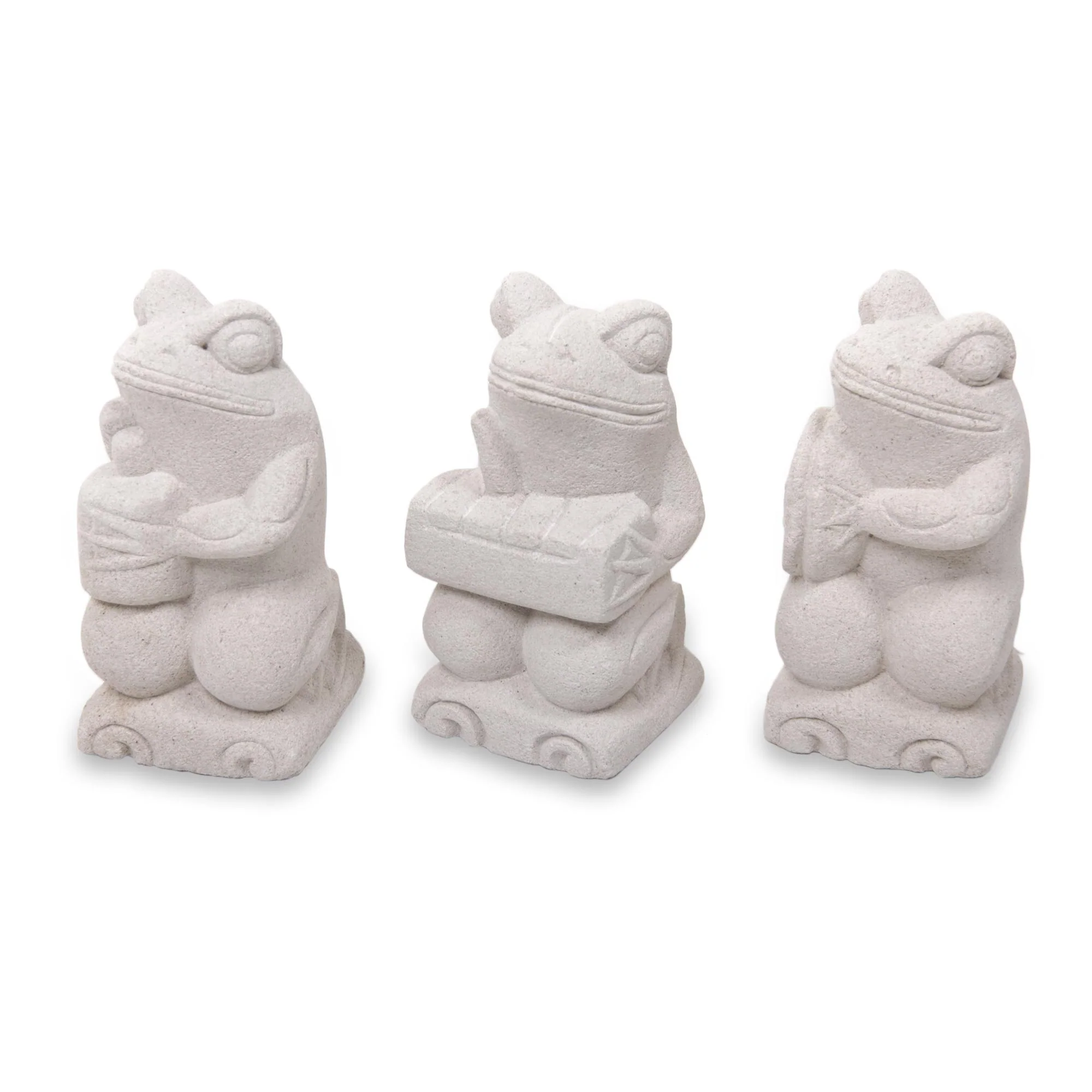 Musical Frogs I Artisan Crafted Limestone Balinese Frog Figurines (Set of 3) - Image 3
