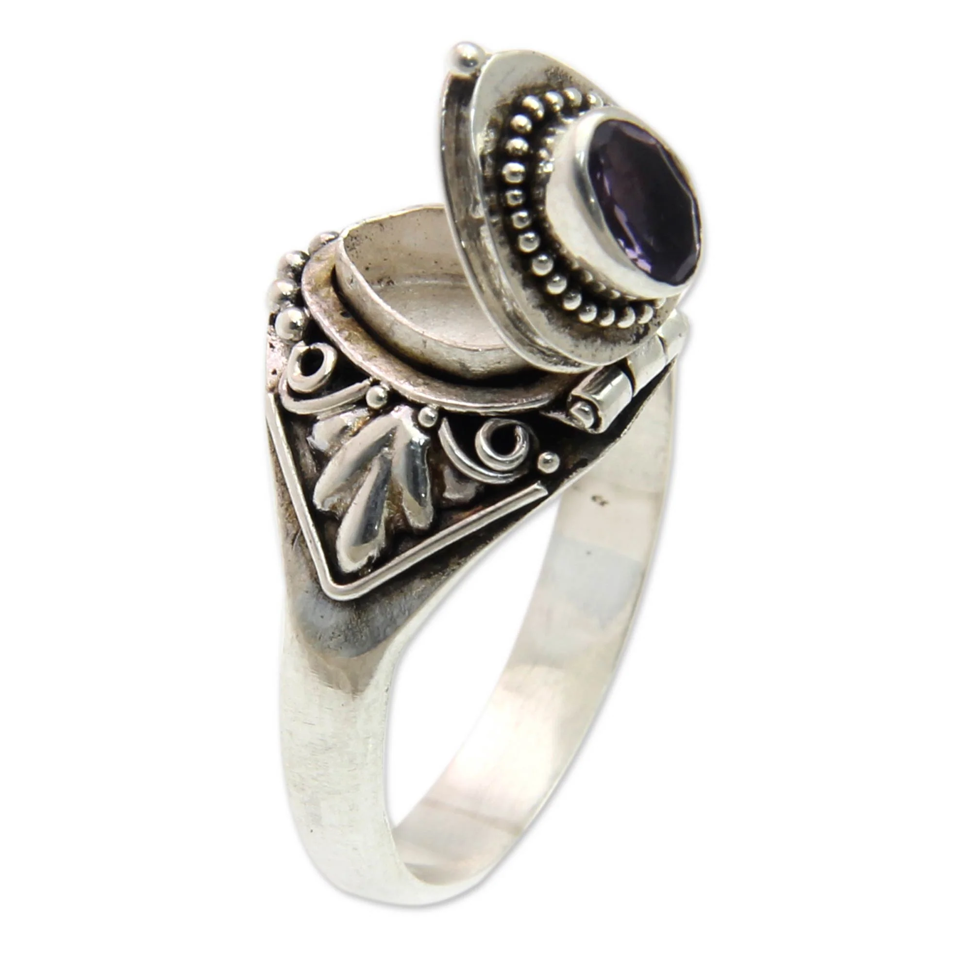 Mysterious Garden Fair Trade Silver and Amethyst Locket Ring from Bali - Image 3
