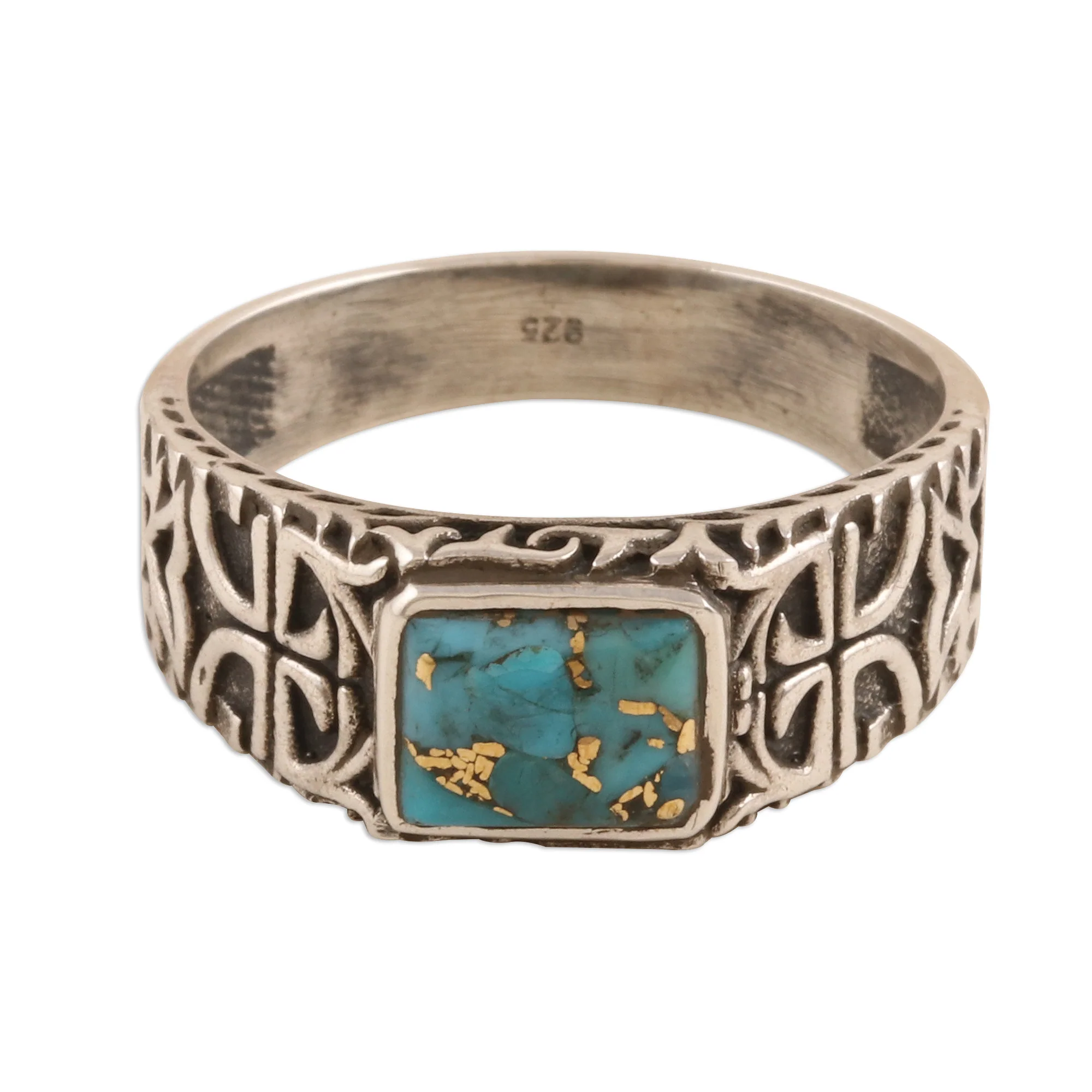 Mysterious Glyph Sterling Silver Men's Ring with Composite Turquoise - Image 2