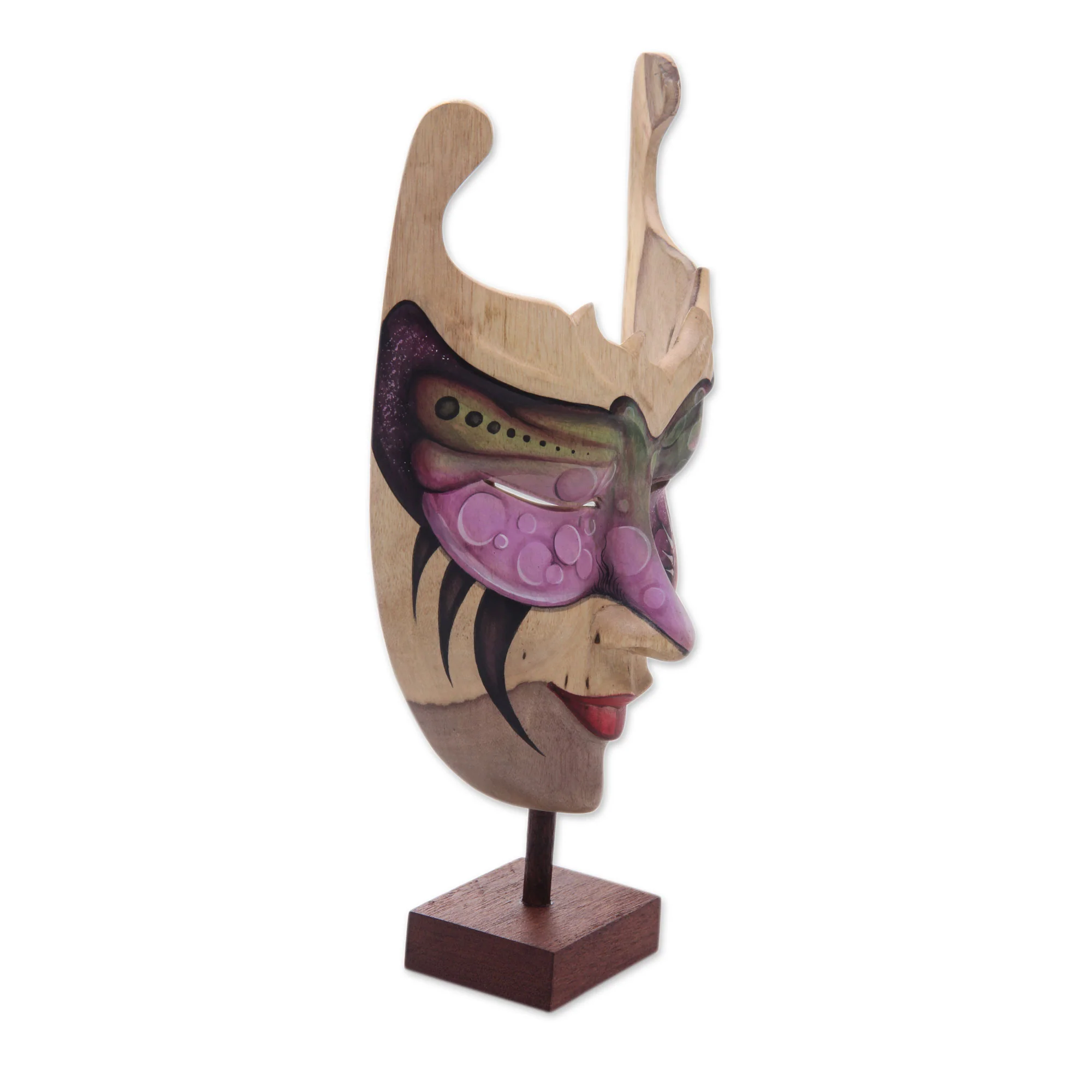 Mysterious Woman Hand Painted Modern Balinese Mask and Stand - Image 3