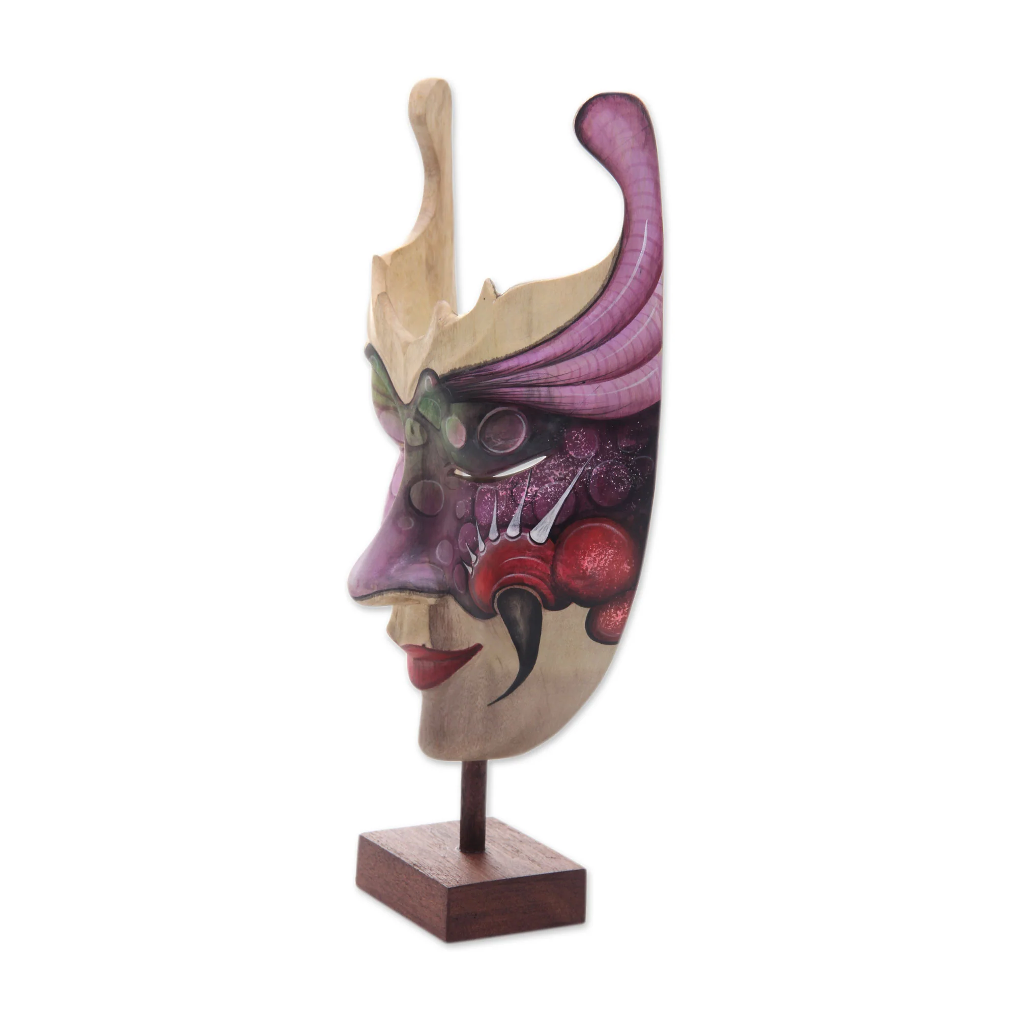 Mysterious Woman Hand Painted Modern Balinese Mask and Stand - Image 4