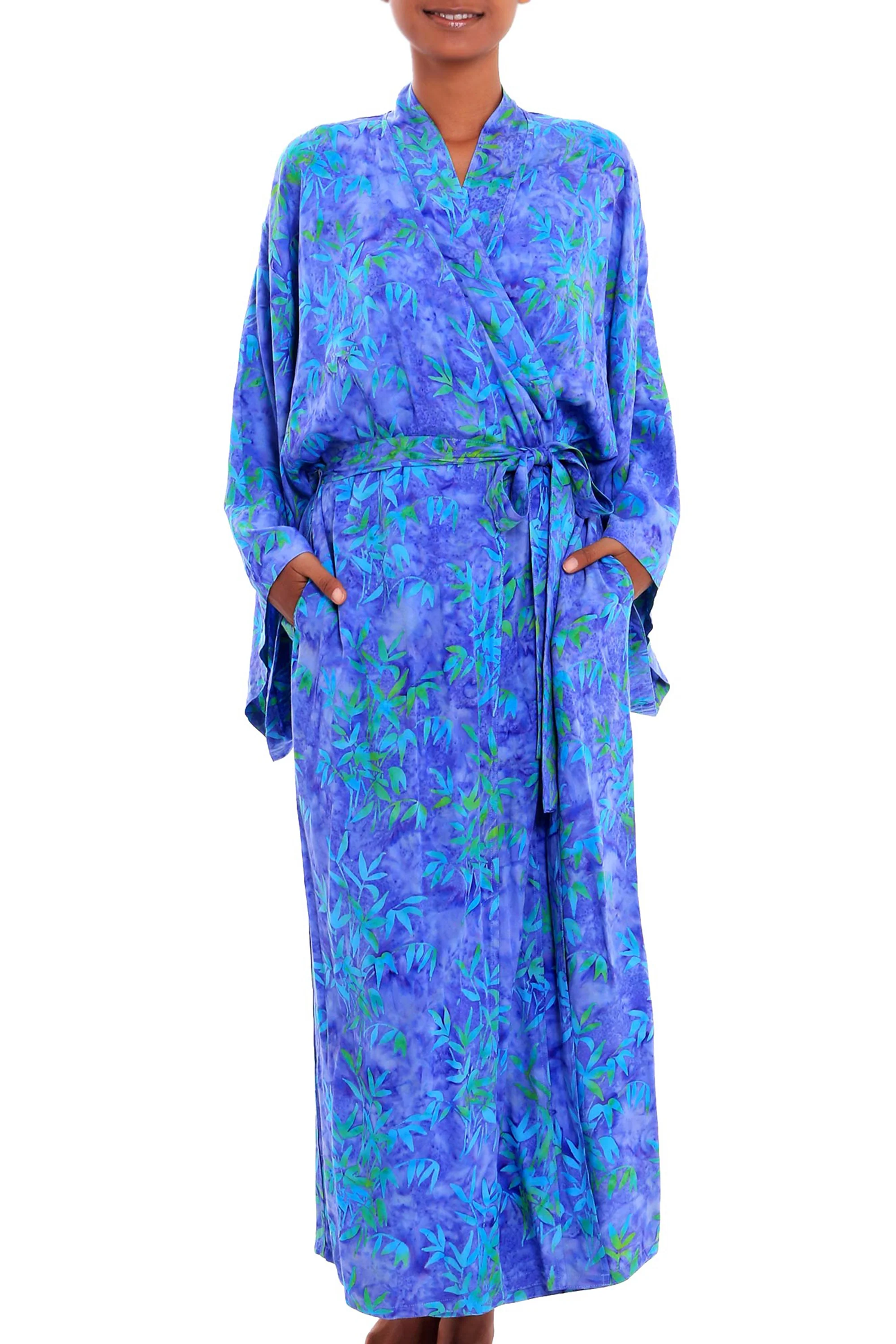 Mystery Grove Blue and Green Batik Leaf Long Sleeved Rayon Robe with Belt - Image 2