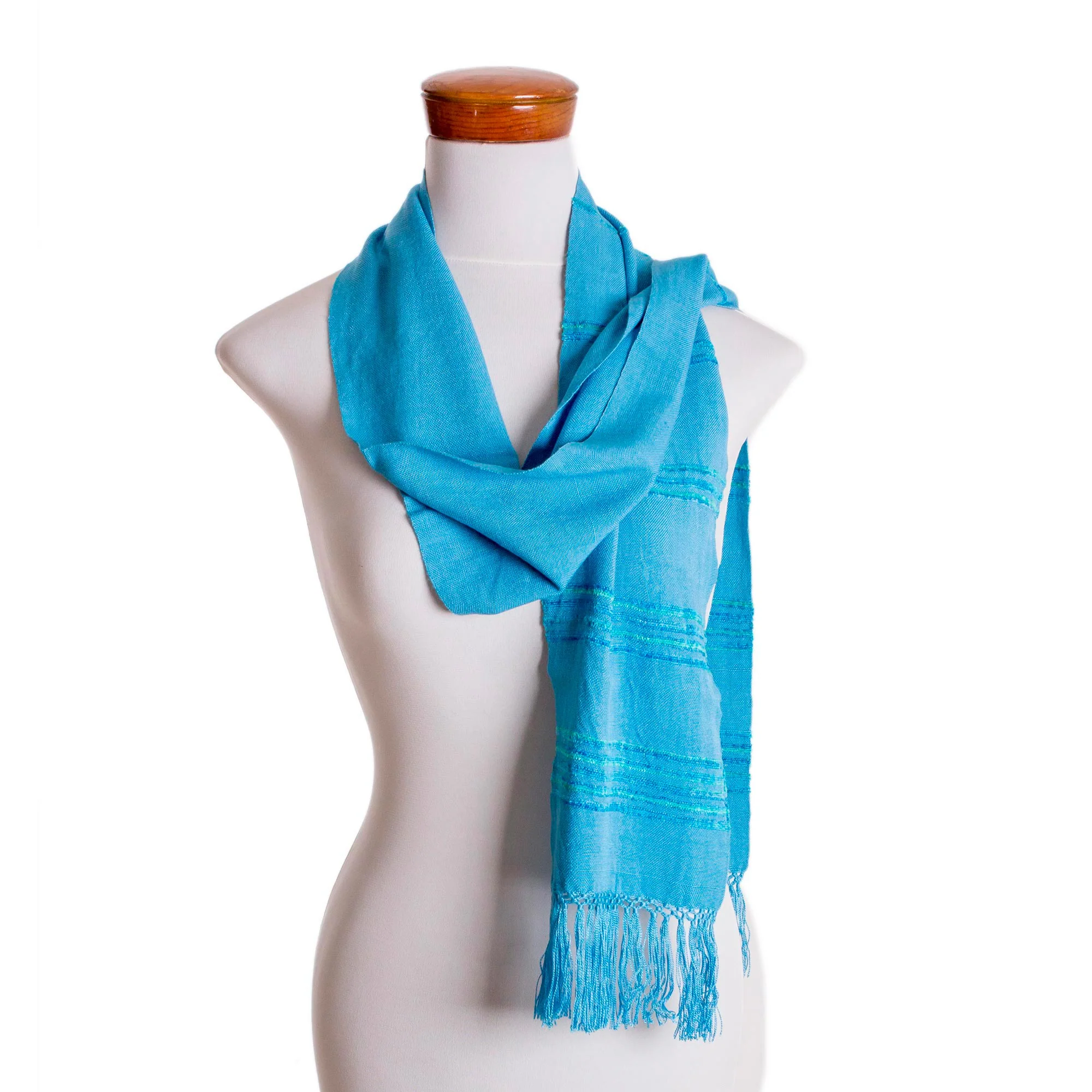 Mystic Maya Sky Handwoven Blue and Turquoise Rayon Fiber Scarf - Image 5