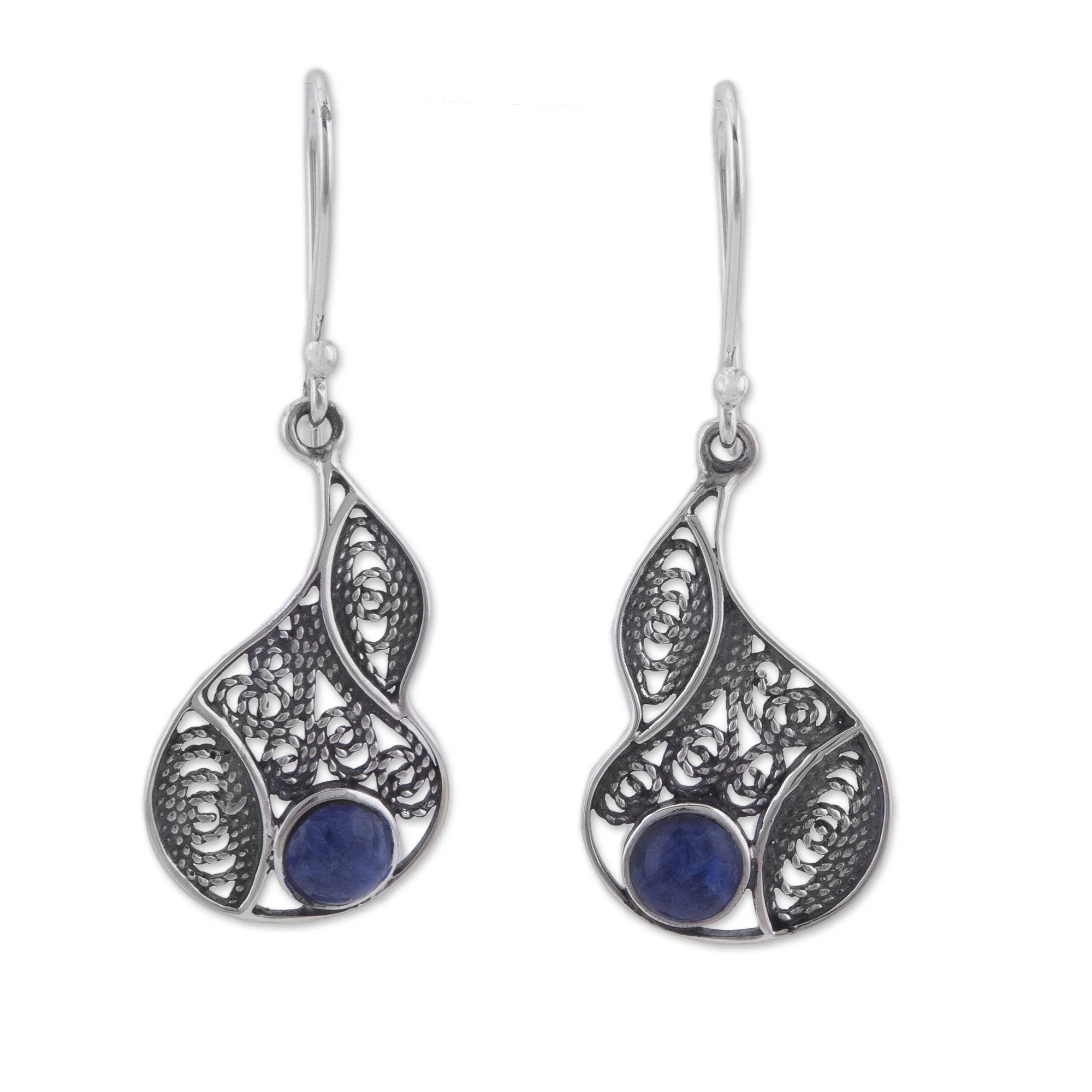 Mystical Andes Sodalite and Silver Filigree Dangle Earrings from Peru - Image 2