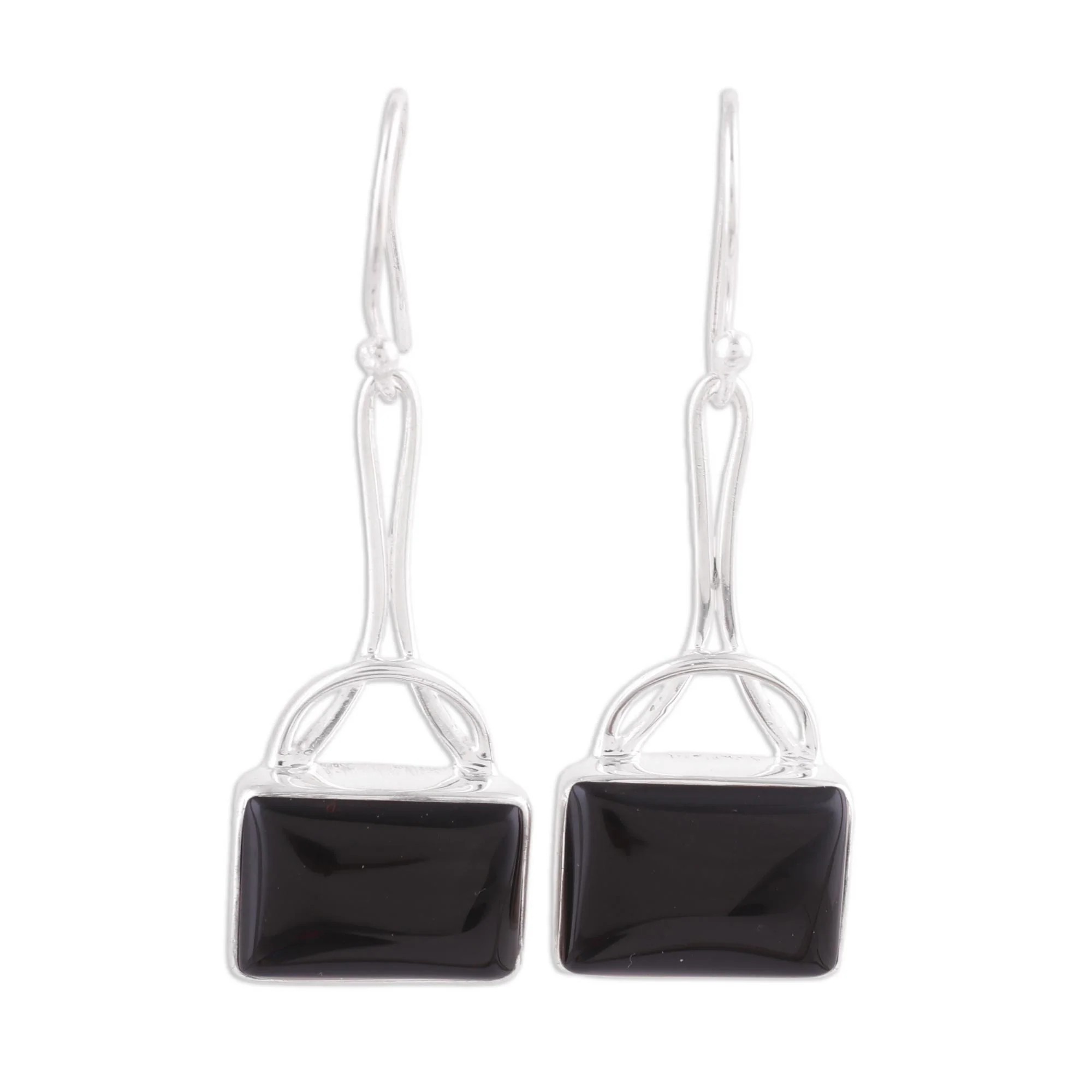 Mystical Gaze in Black Black Onyx Rectangular Dangle Earrings from India - Image 2