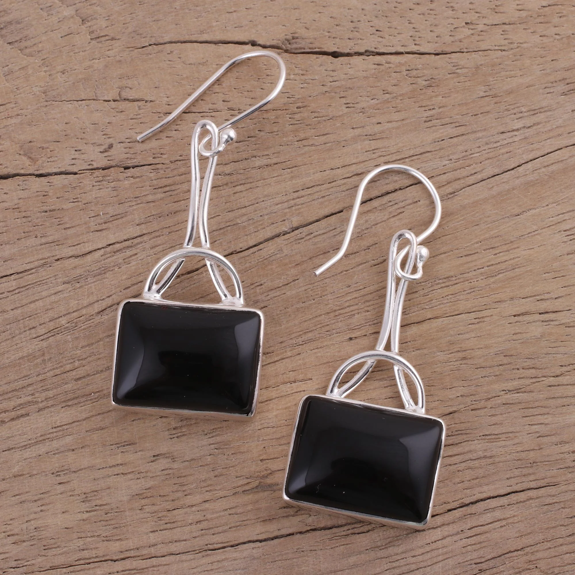 Mystical Gaze in Black Black Onyx Rectangular Dangle Earrings from India - Image 4