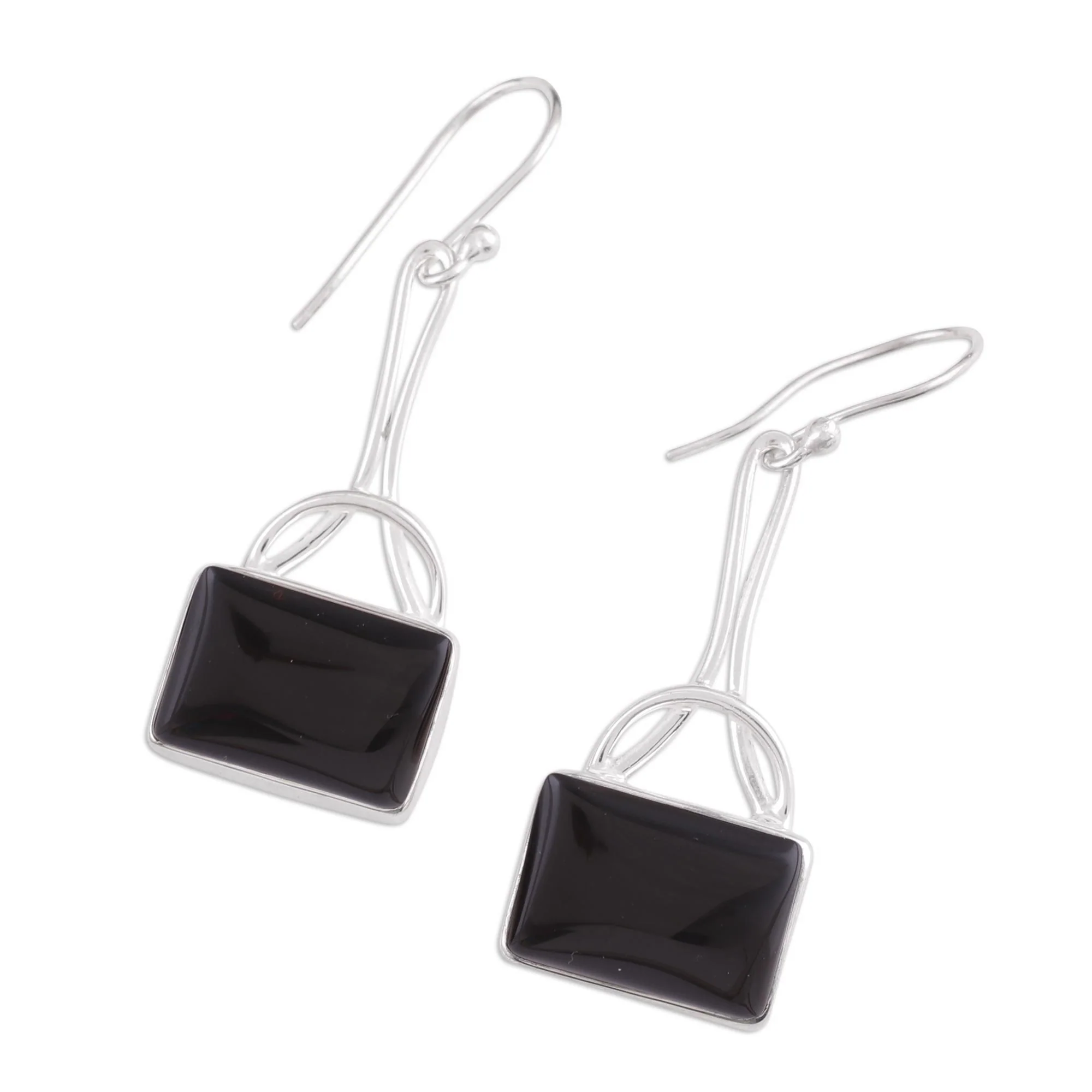 Mystical Gaze in Black Black Onyx Rectangular Dangle Earrings from India - Image 5