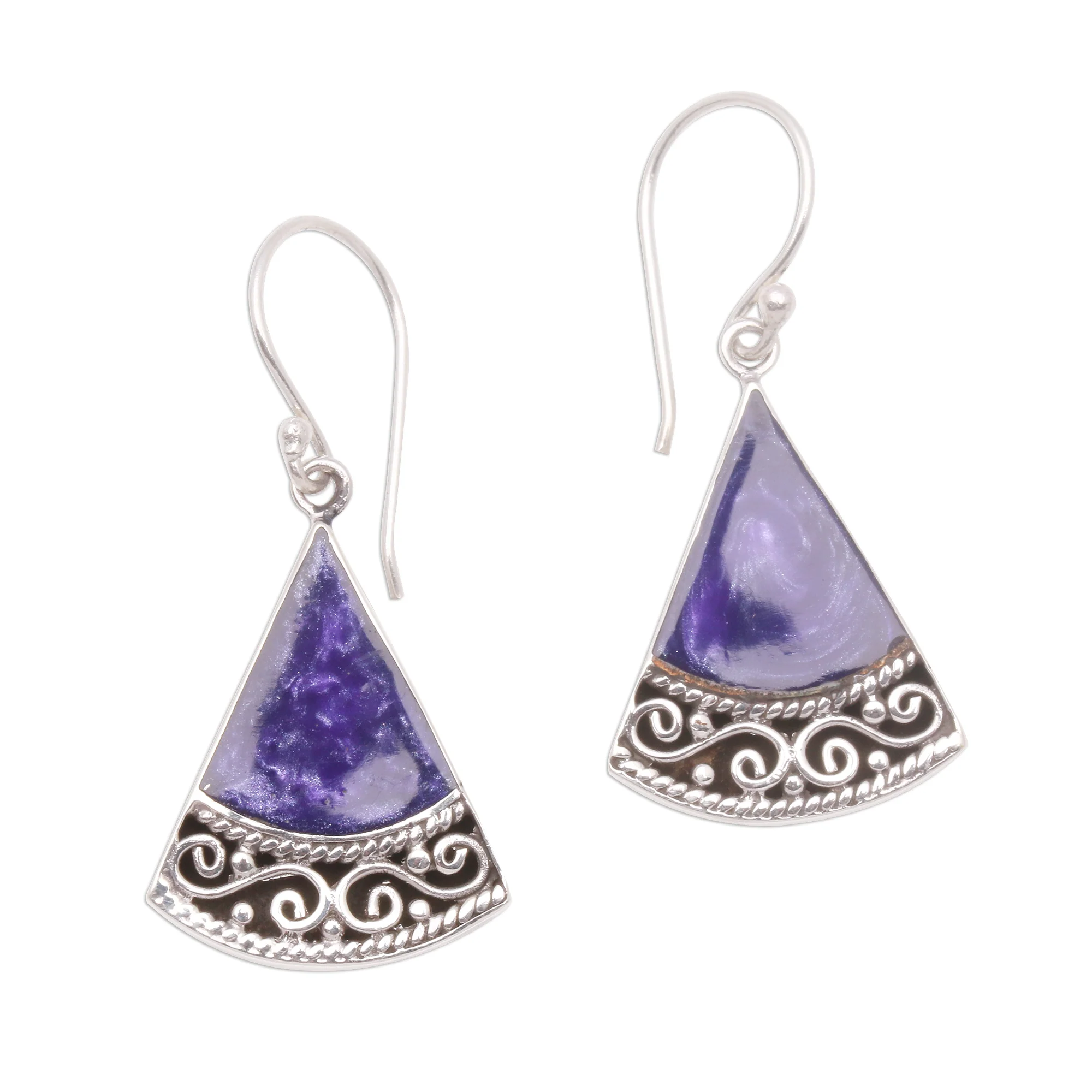 Mystical Triangles Sterling Silver and Purple Resin Dangle Earrings from Bali - Image 2