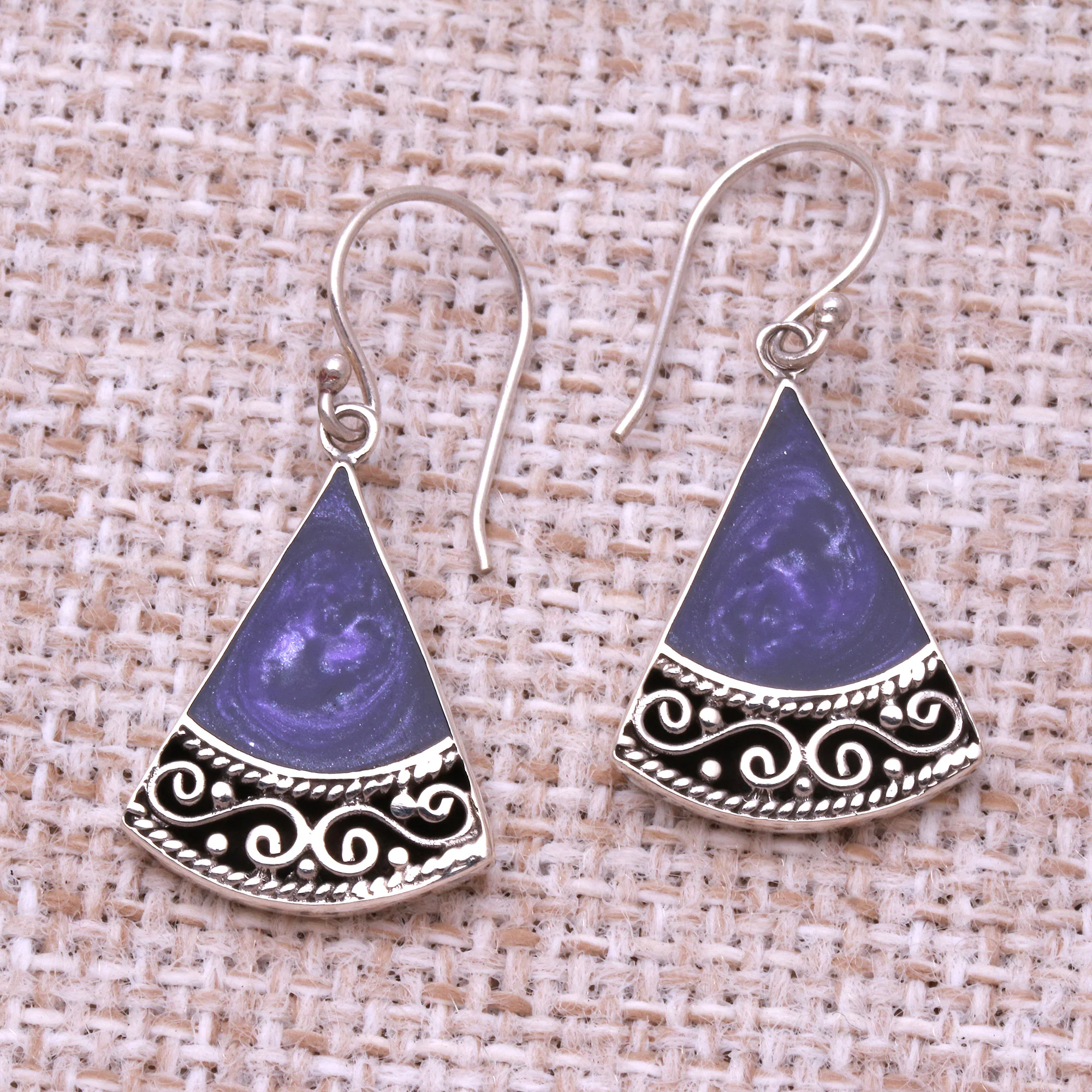 Mystical Triangles Sterling Silver and Purple Resin Dangle Earrings from Bali - Image 3