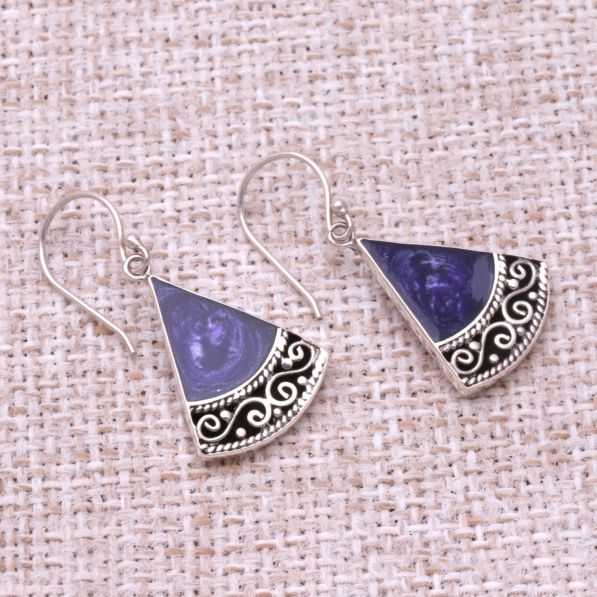 Mystical Triangles Sterling Silver and Purple Resin Dangle Earrings from Bali - Image 4