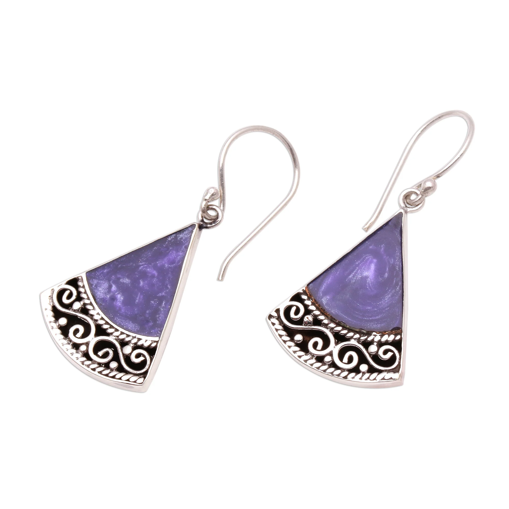 Mystical Triangles Sterling Silver and Purple Resin Dangle Earrings from Bali - Image 5