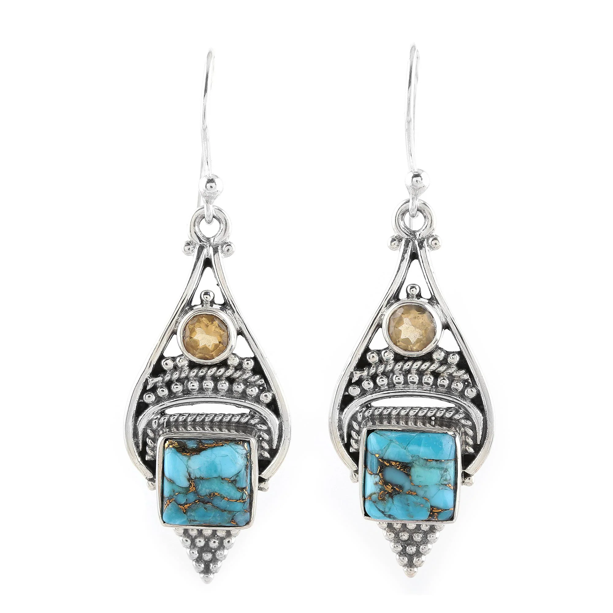 Mythic Ocean Citrine and Composite Turquoise Dangle Earrings from India - Image 2