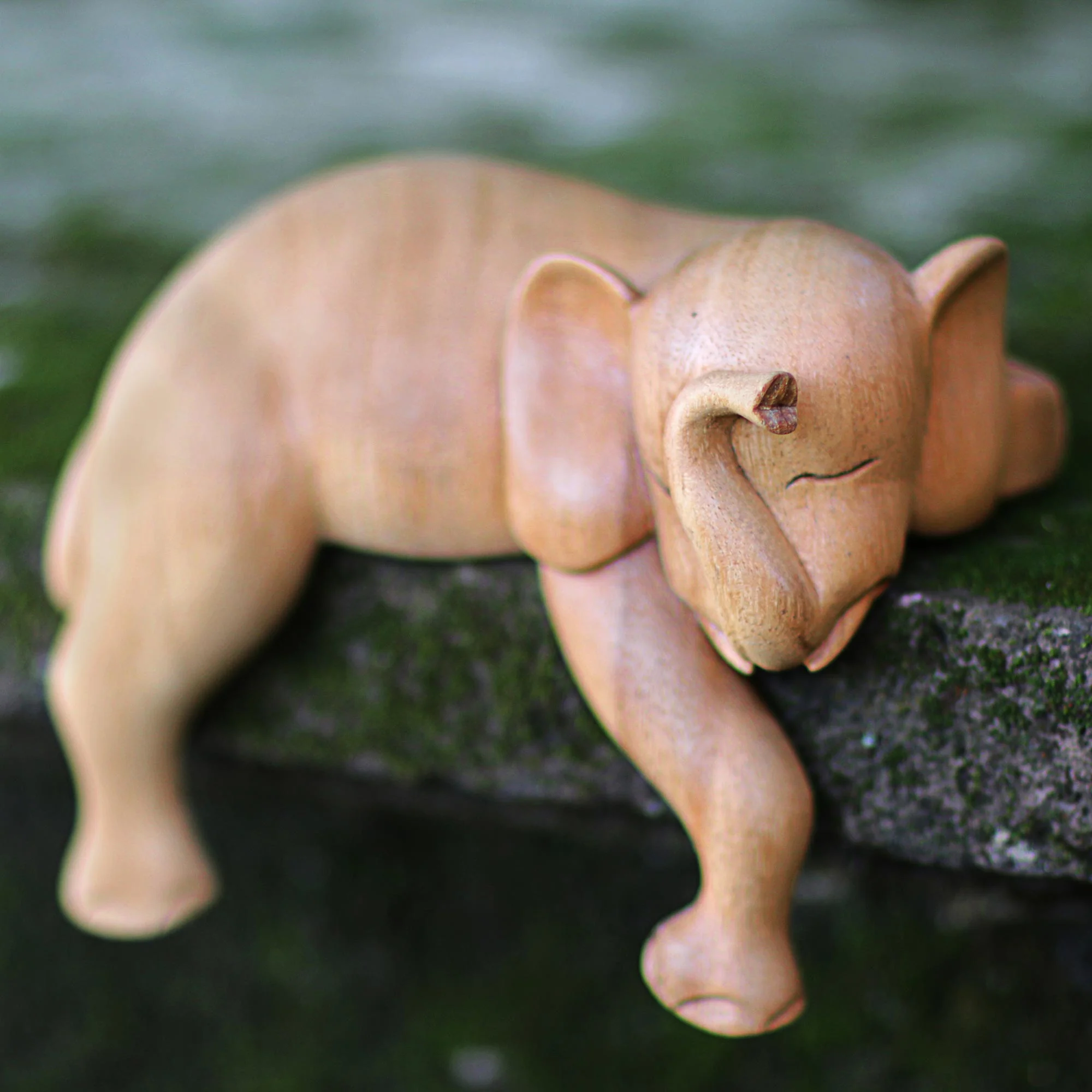 Napping Elephant Hand Carved Elephant Sculpture Natural Finish from Indonesia - Image 4