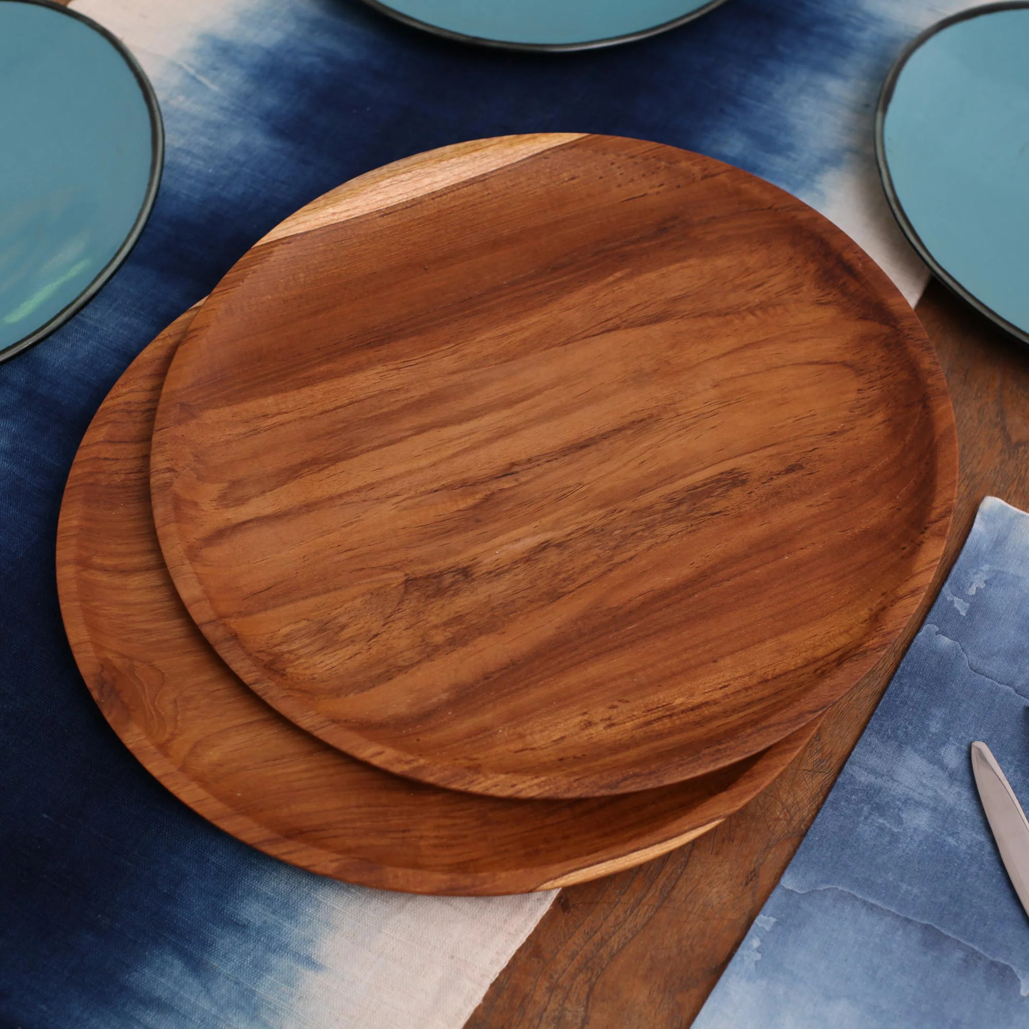 Natural Appetite Handcrafted Teak Wood Luncheon Plates (Pair) - Image 3