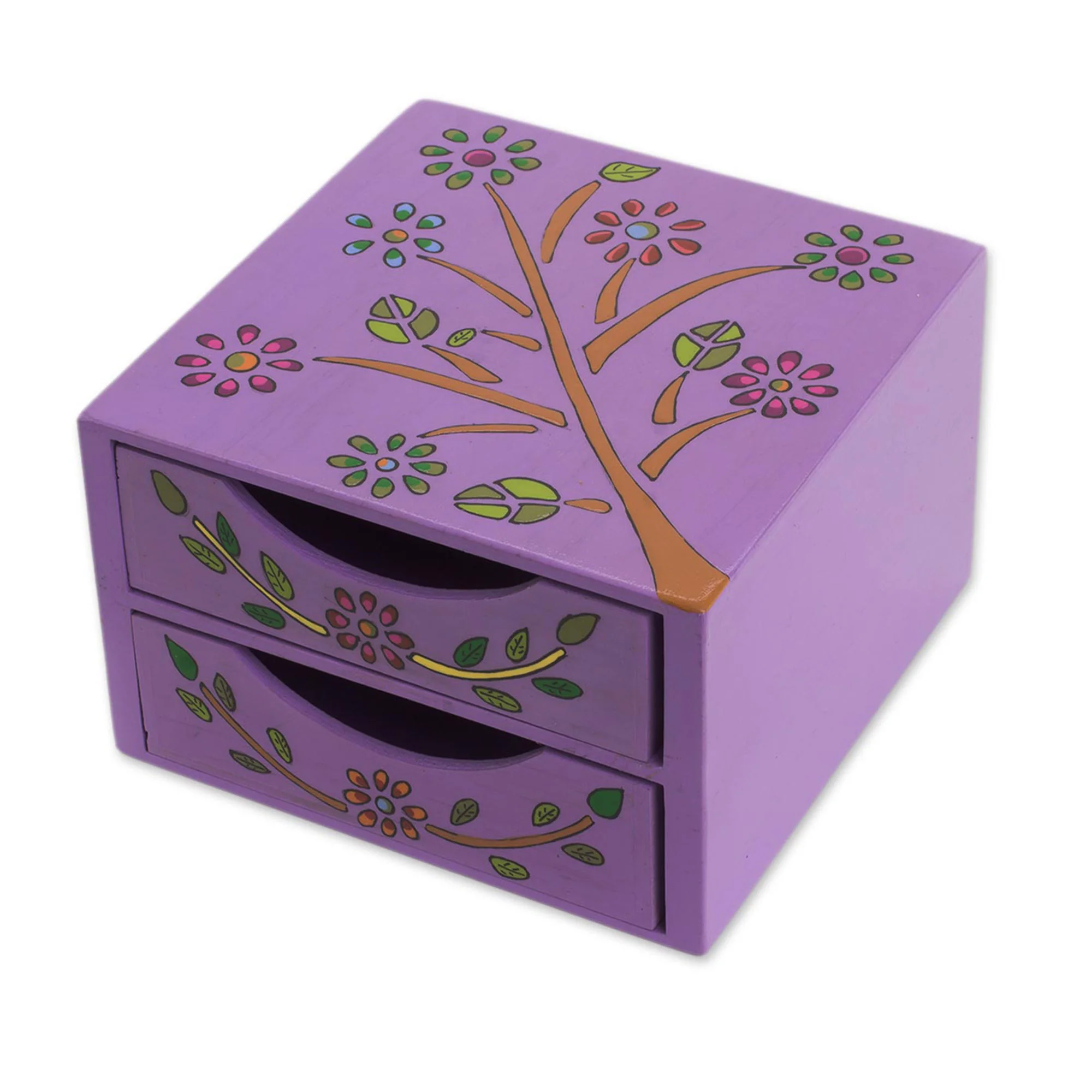 Natural Delicacy Floral Tree Pinewood Jewelry Ches in Purple from El Salvador - Image 2