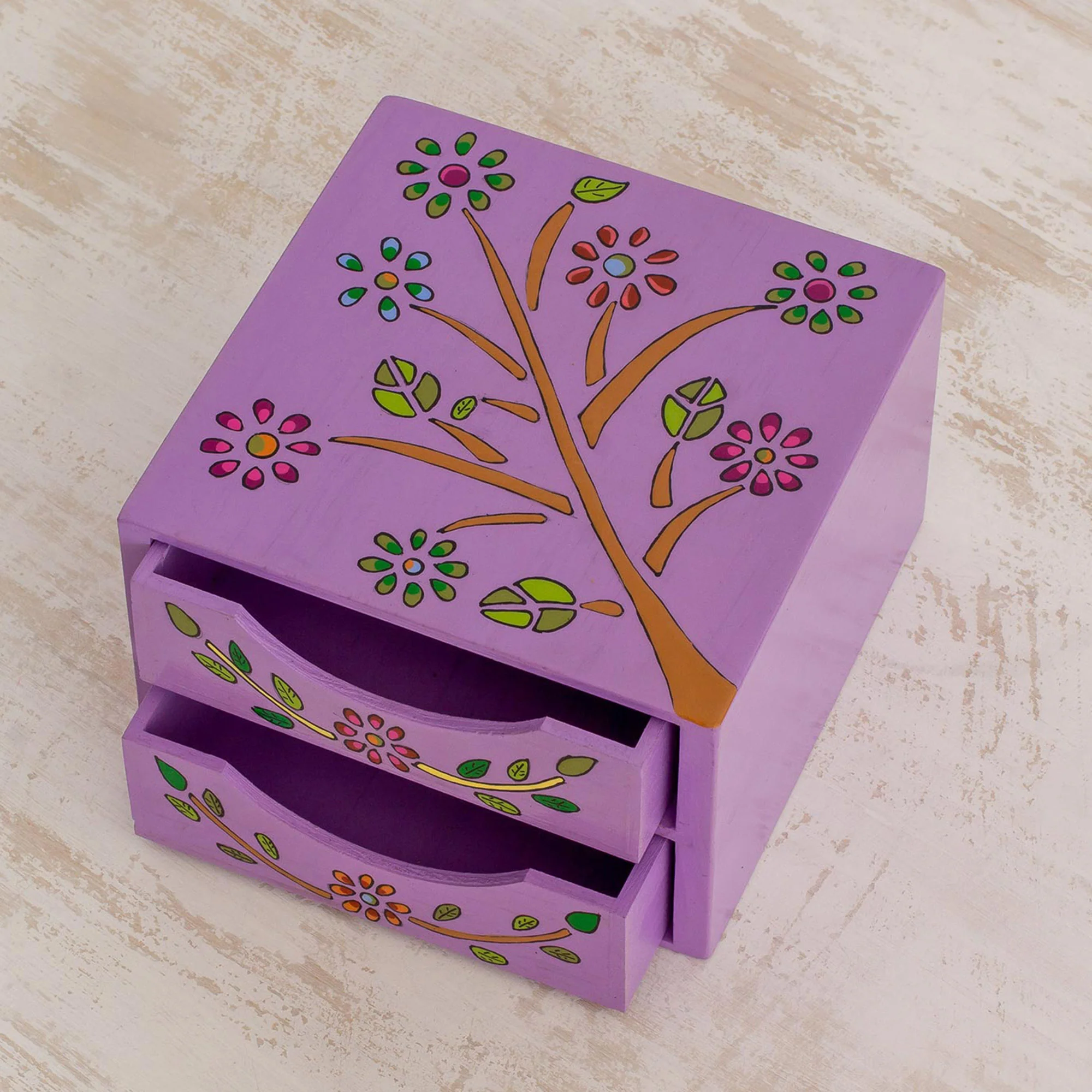 Natural Delicacy Floral Tree Pinewood Jewelry Ches in Purple from El Salvador - Image 3