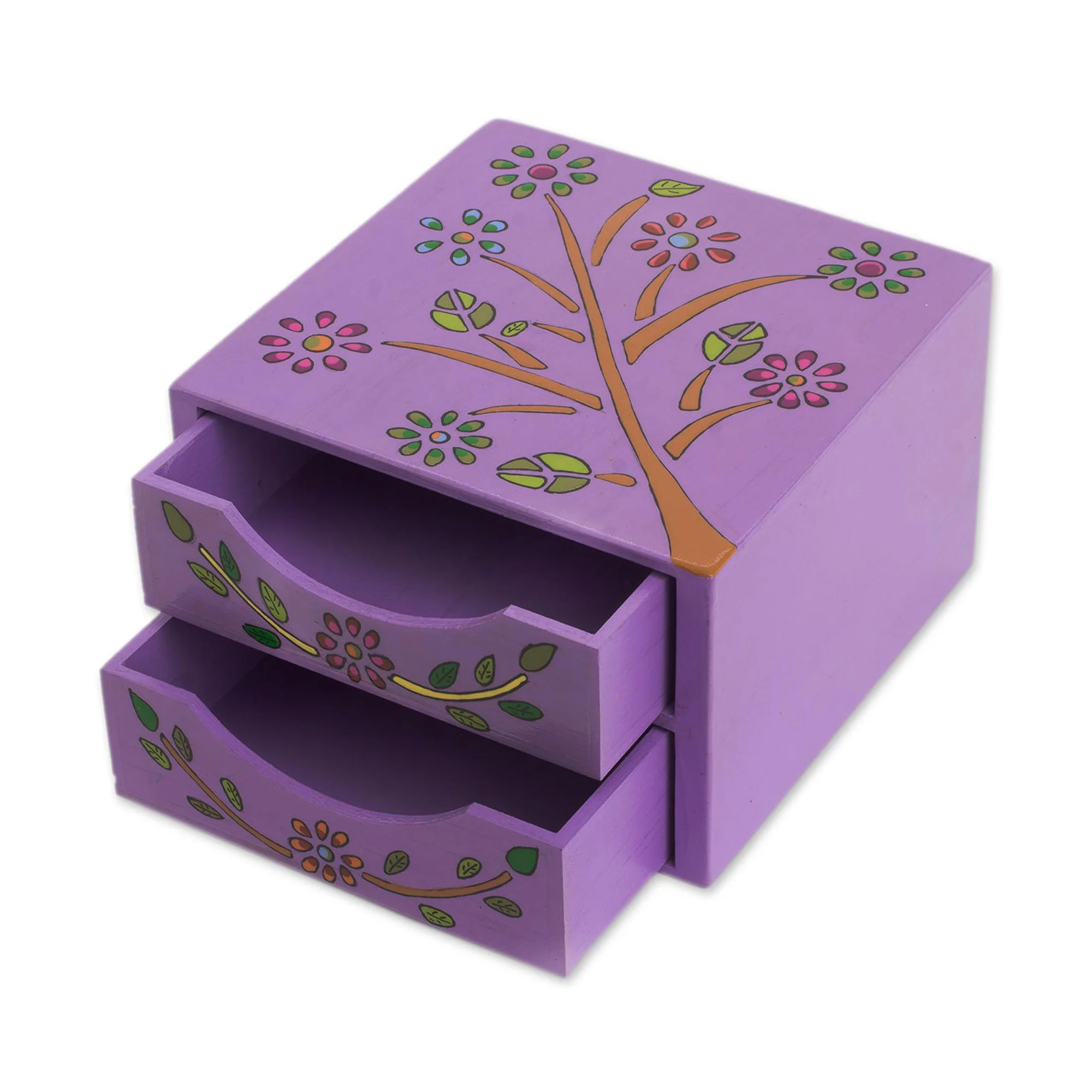 Natural Delicacy Floral Tree Pinewood Jewelry Ches in Purple from El Salvador - Image 4