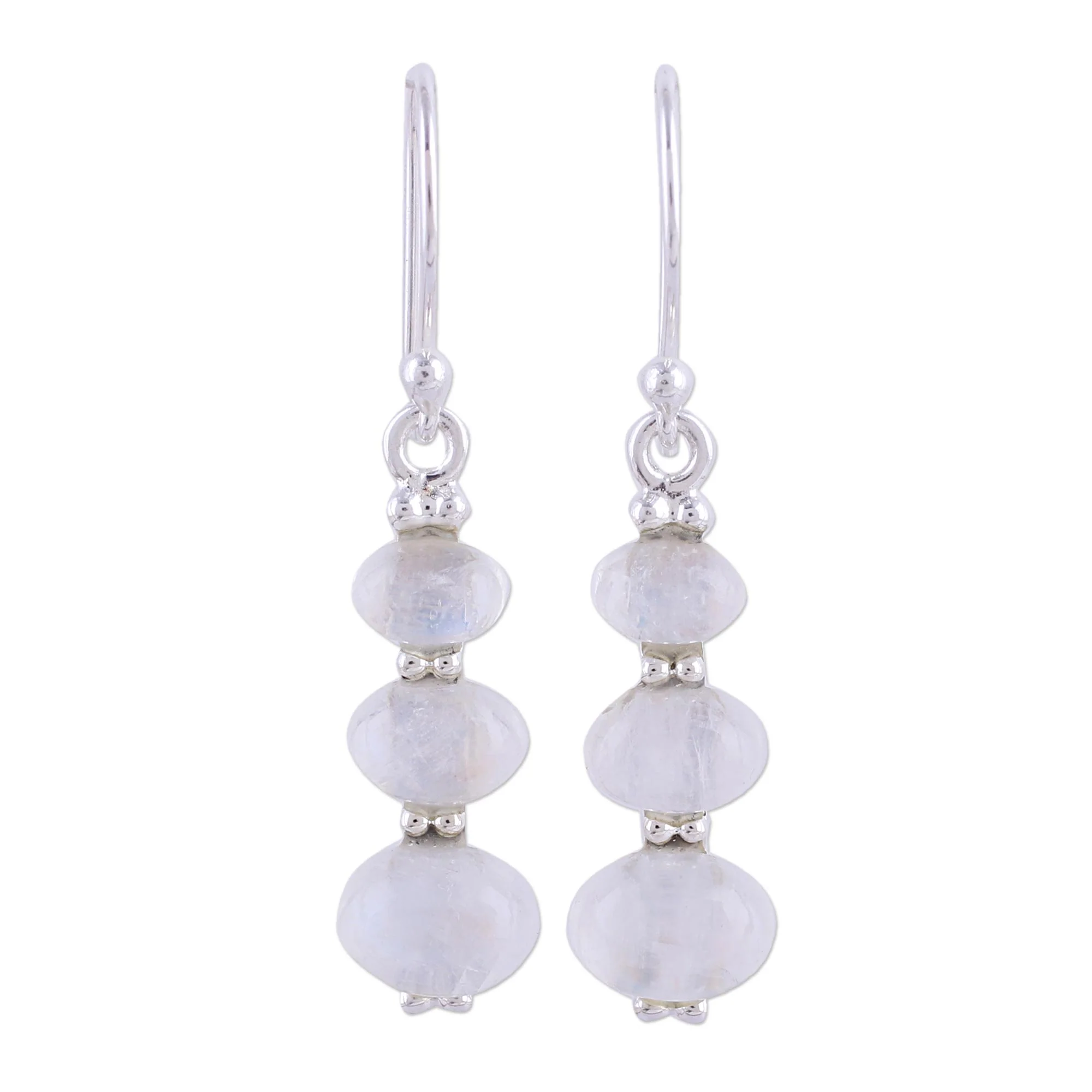 Natural Ellipses Rainbow Moonstone and 925 Silver Dangle Earrings from India - Image 2