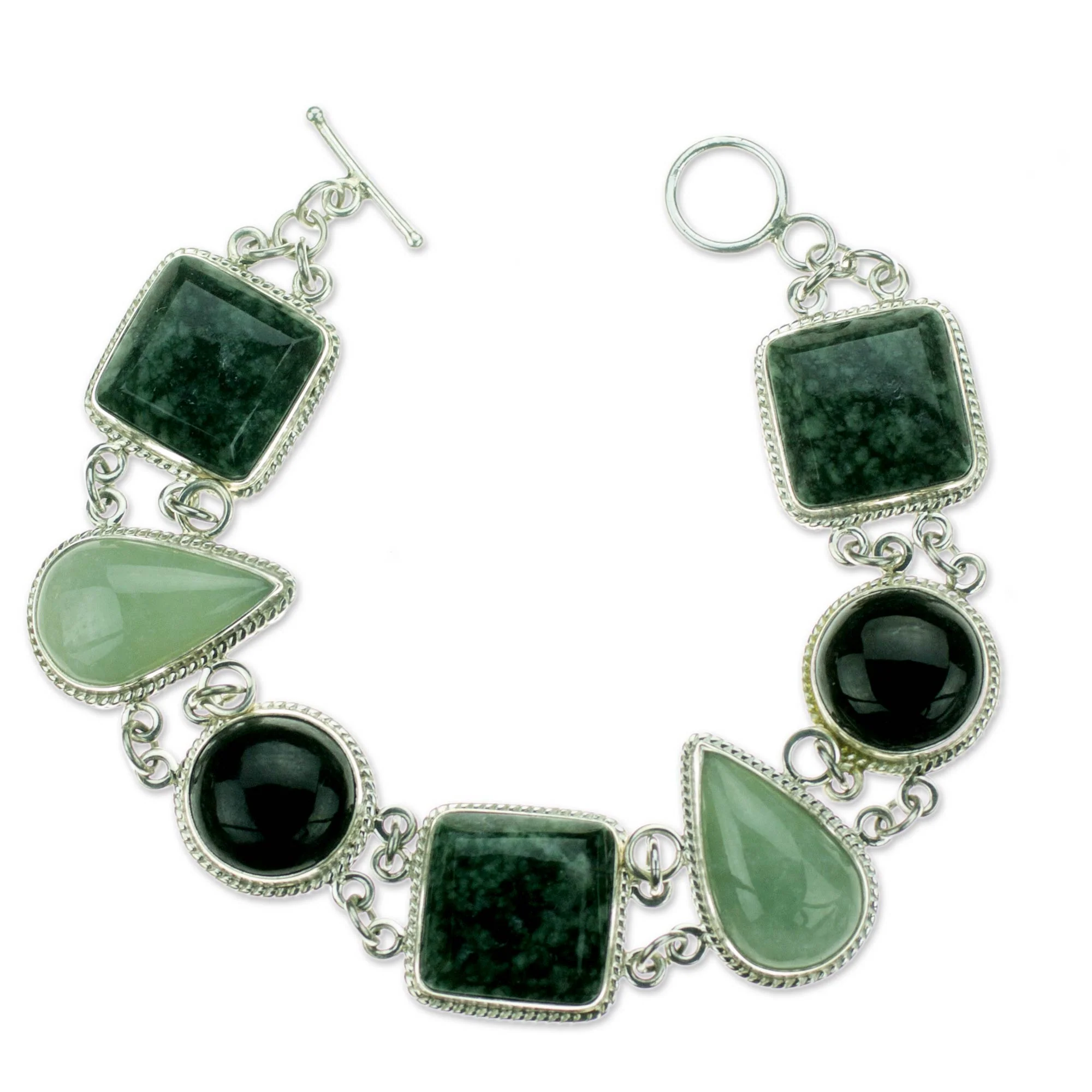 Natural Geometry Green and Black Jade on Sterling Silver Bracelet - Image 2