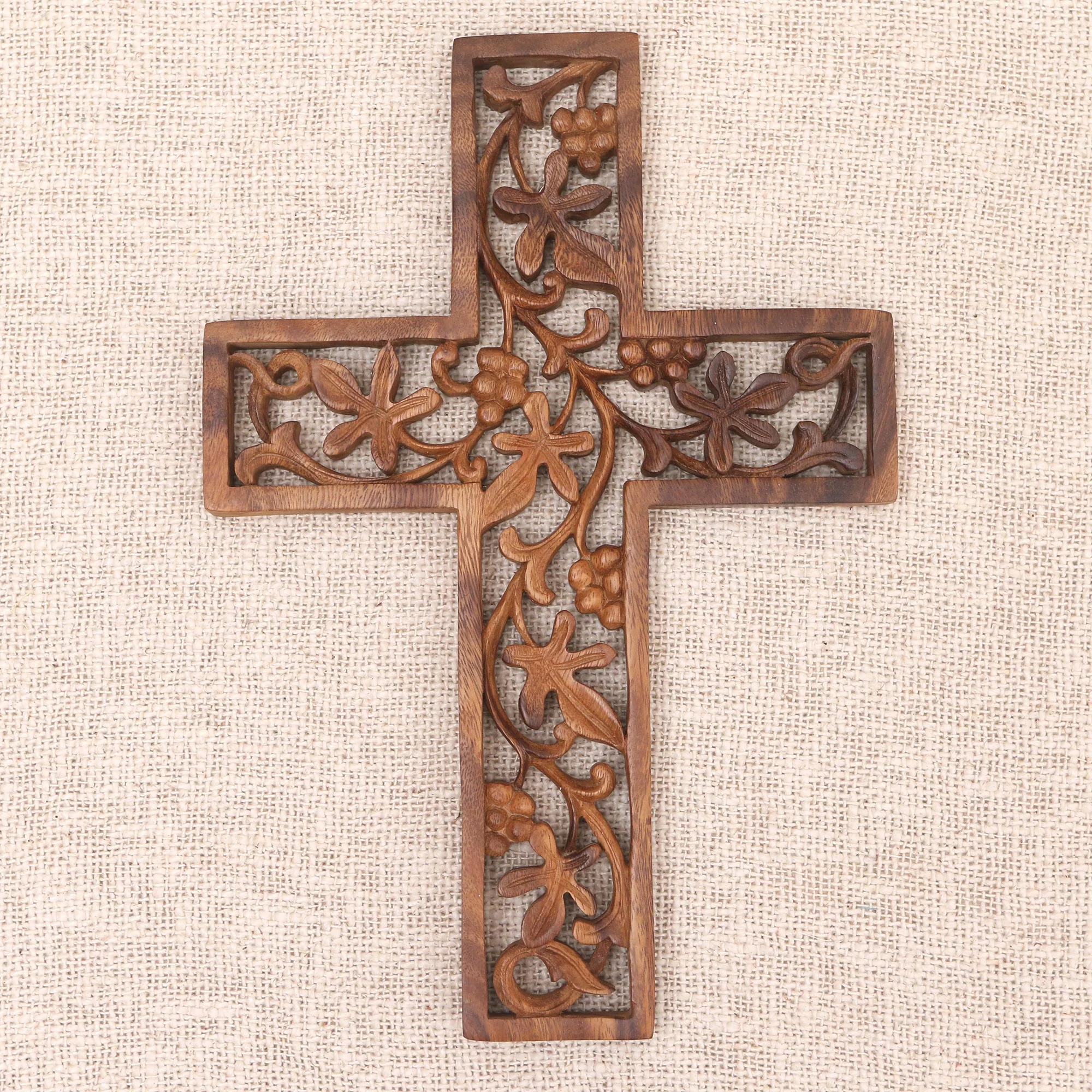 Natural Inspiration Hand Carved Wood Cross with Leaf and Vine Motif - Image 3
