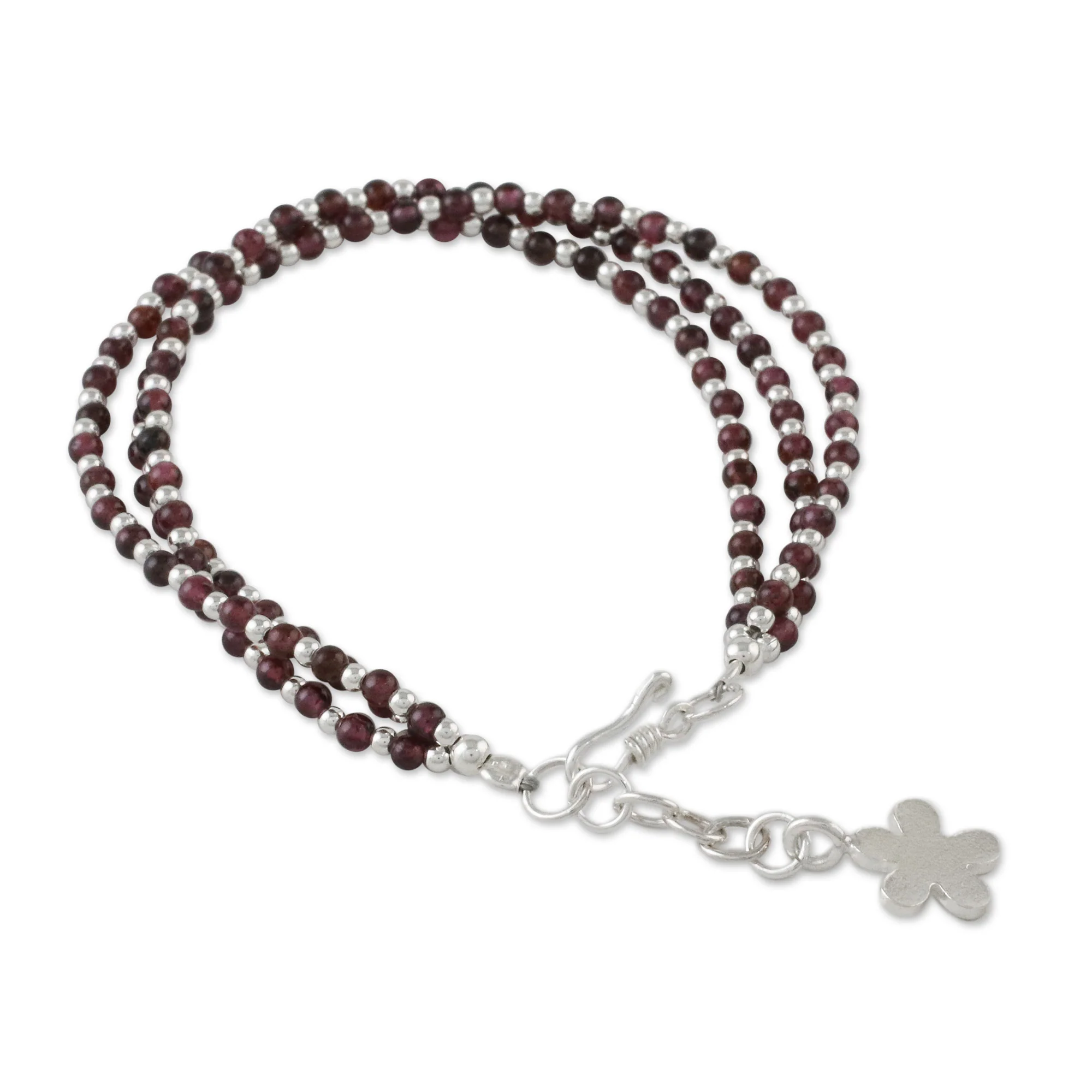 Natural Joy Karen Silver and Garnet Beaded Bracelet from Thailand - Image 2