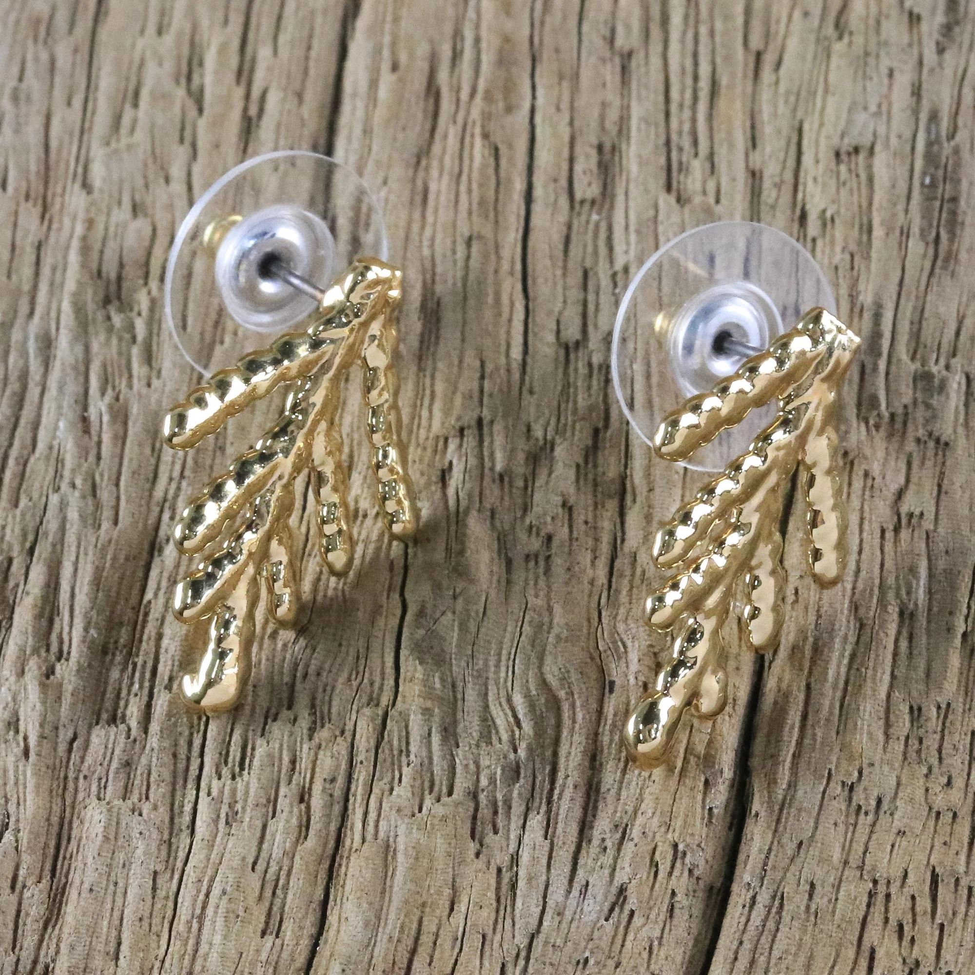 Natural Needles Gold Plated Natural Cypress Leaf Button Earrings - Image 3