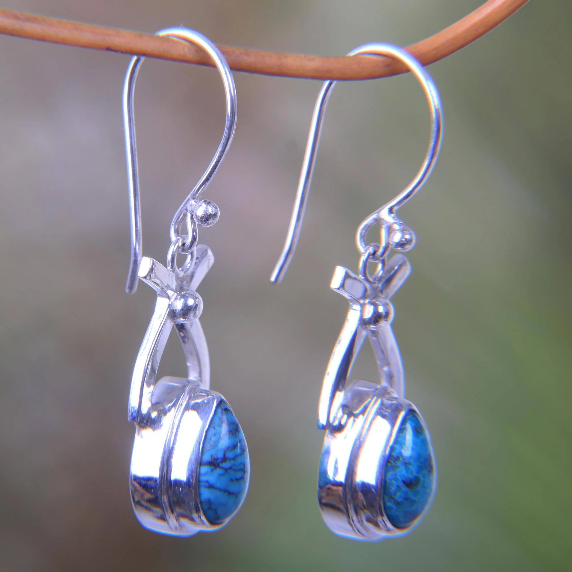 Natural Turquoise & Sterling Silver Dangle Earrings - Image 2