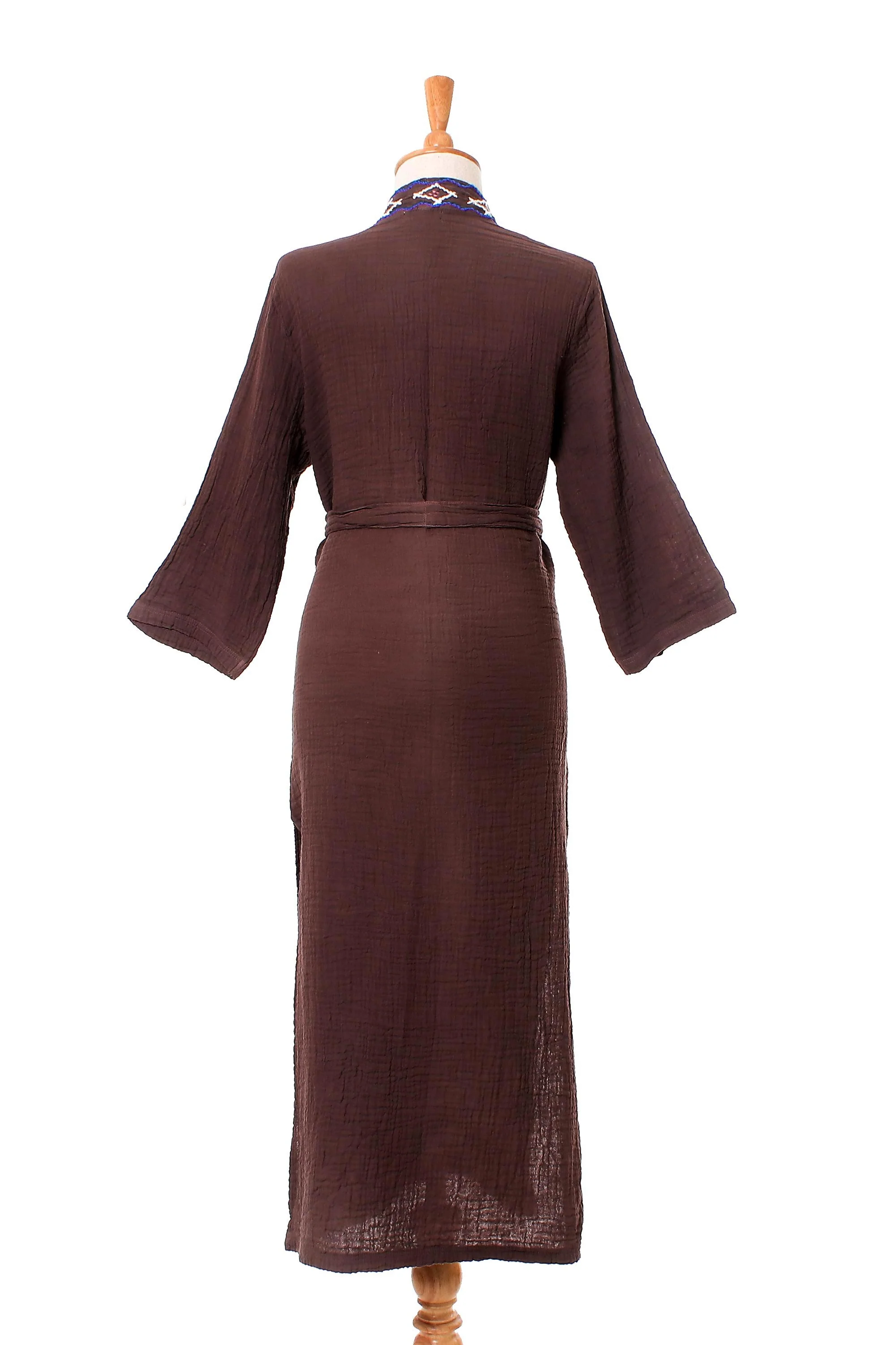 Nature Relaxation Diamond Embroidered Cotton Robe in Chestnut from Thailand - Image 5