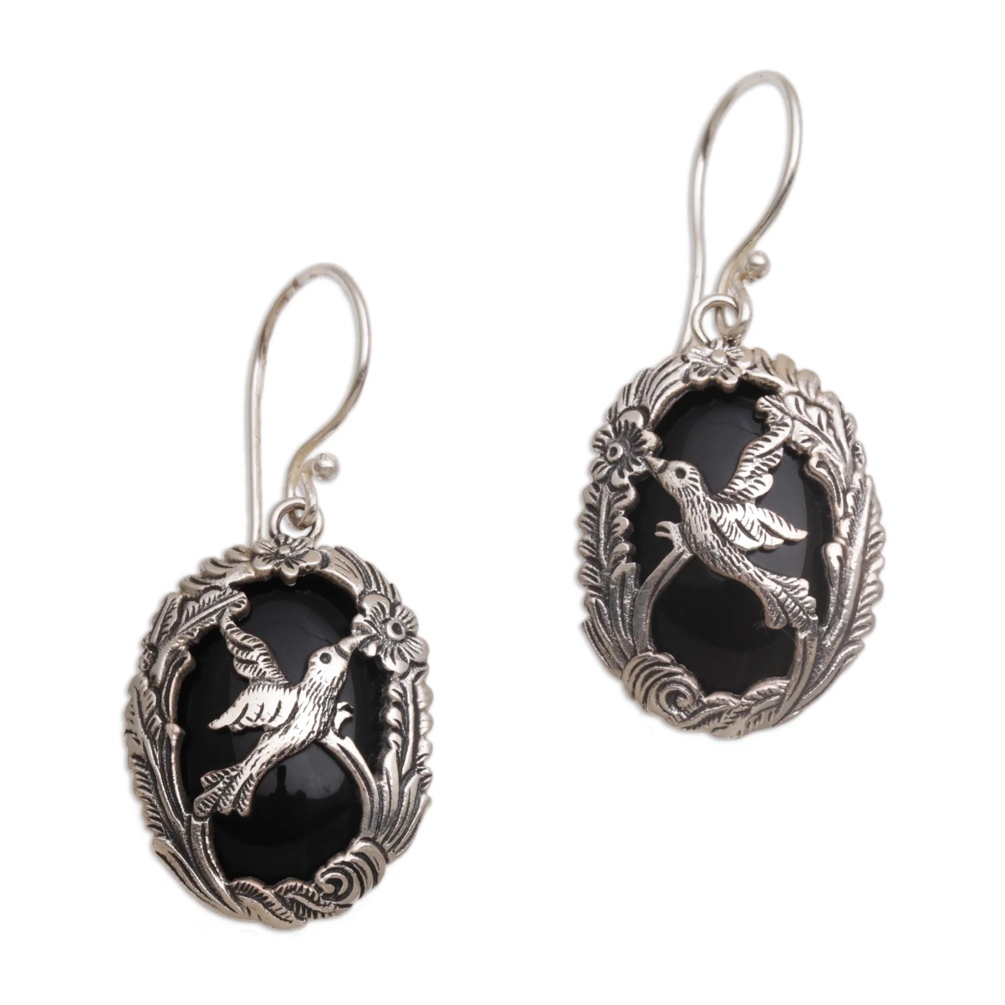 Nature's Freedom Onyx and 925 Silver Bird-Themed Dangle Earrings from Bali - Image 2