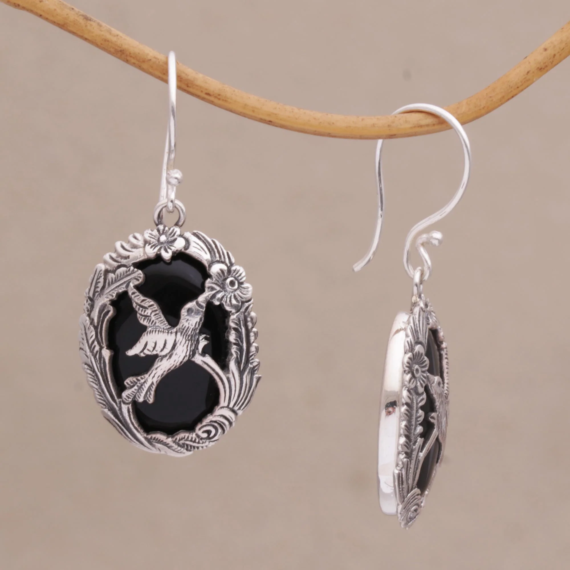 Nature's Freedom Onyx and 925 Silver Bird-Themed Dangle Earrings from Bali - Image 3