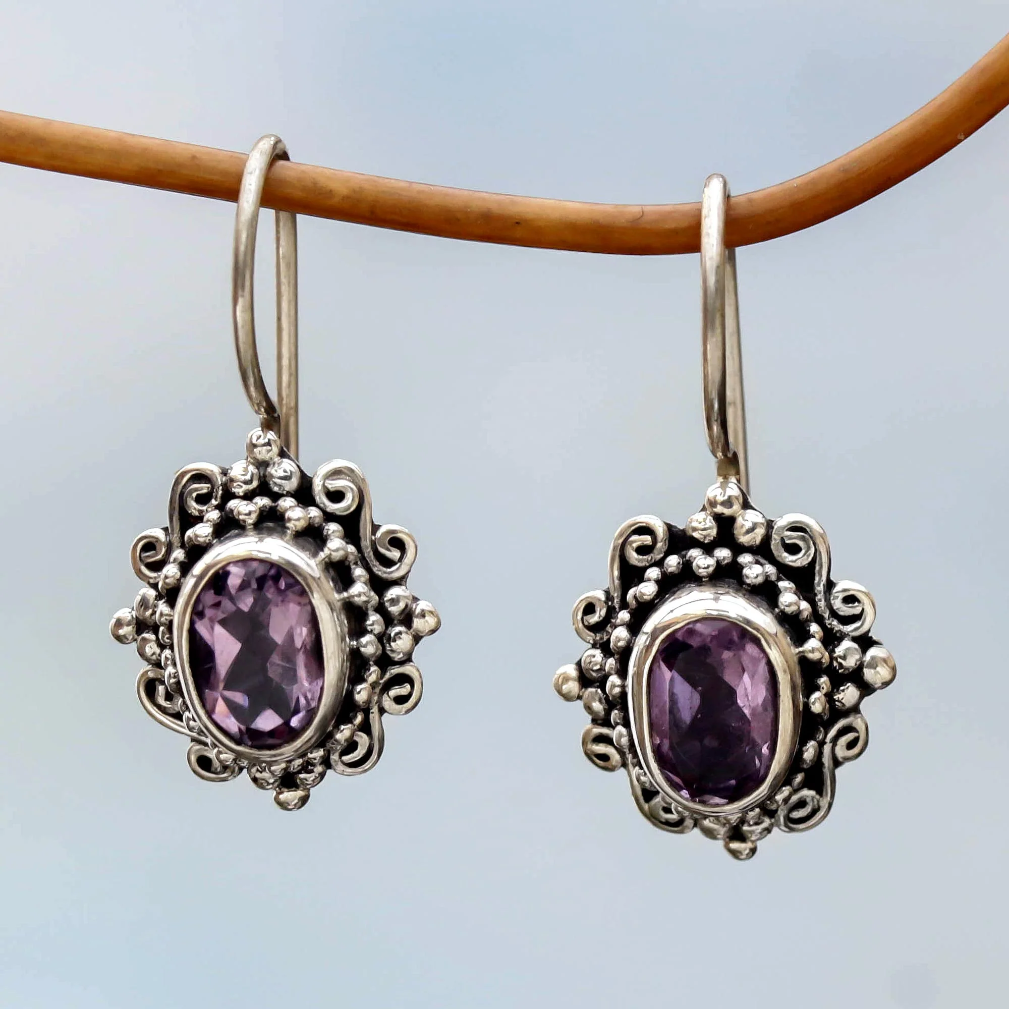 Nature's Mirrors Hand Made Amethyst Sterling Silver Drop Earrings Indonesia