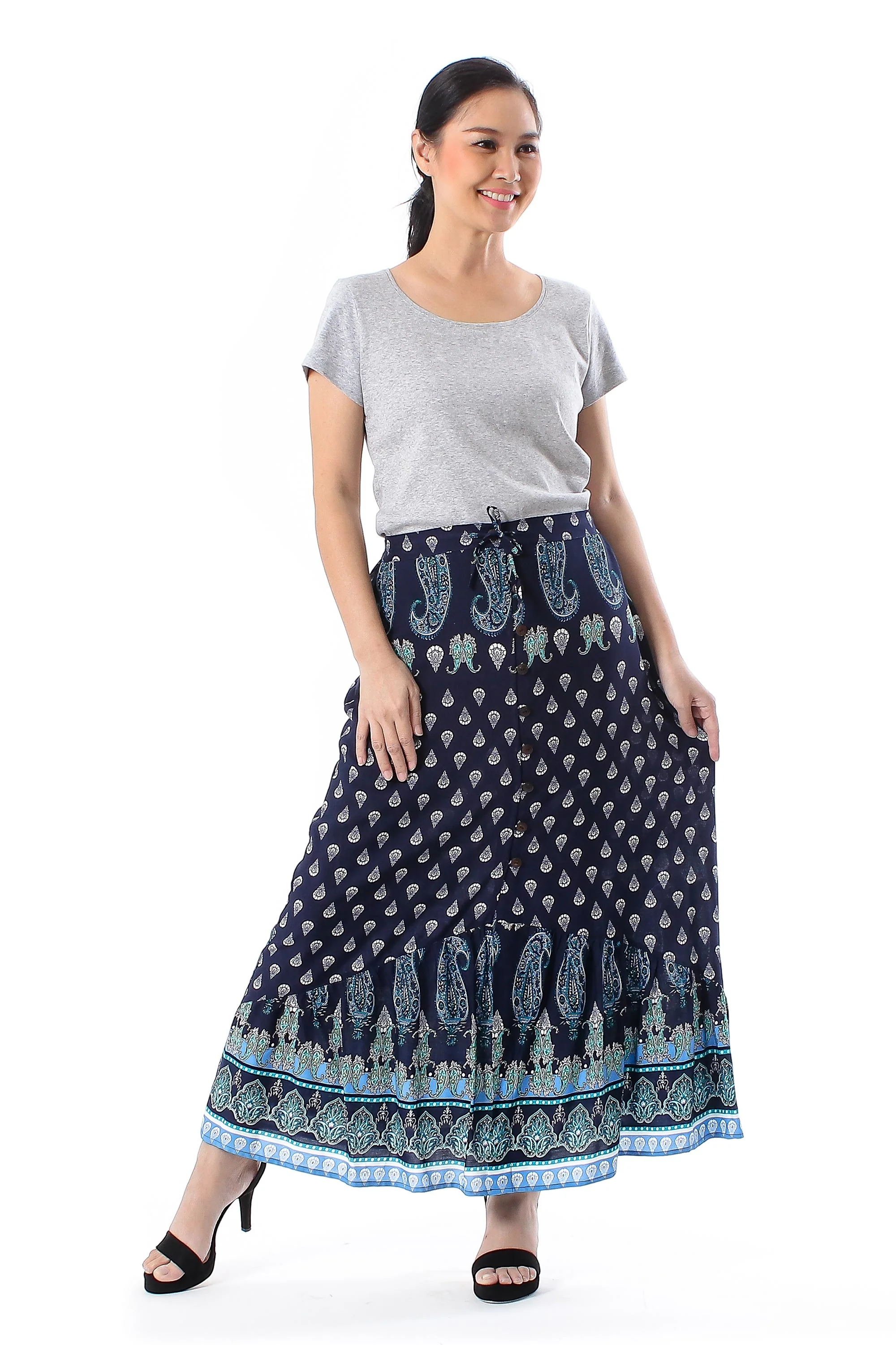 Navy Paisleys Paisley Motif Printed Rayon Skirt from Thailand - Image 3