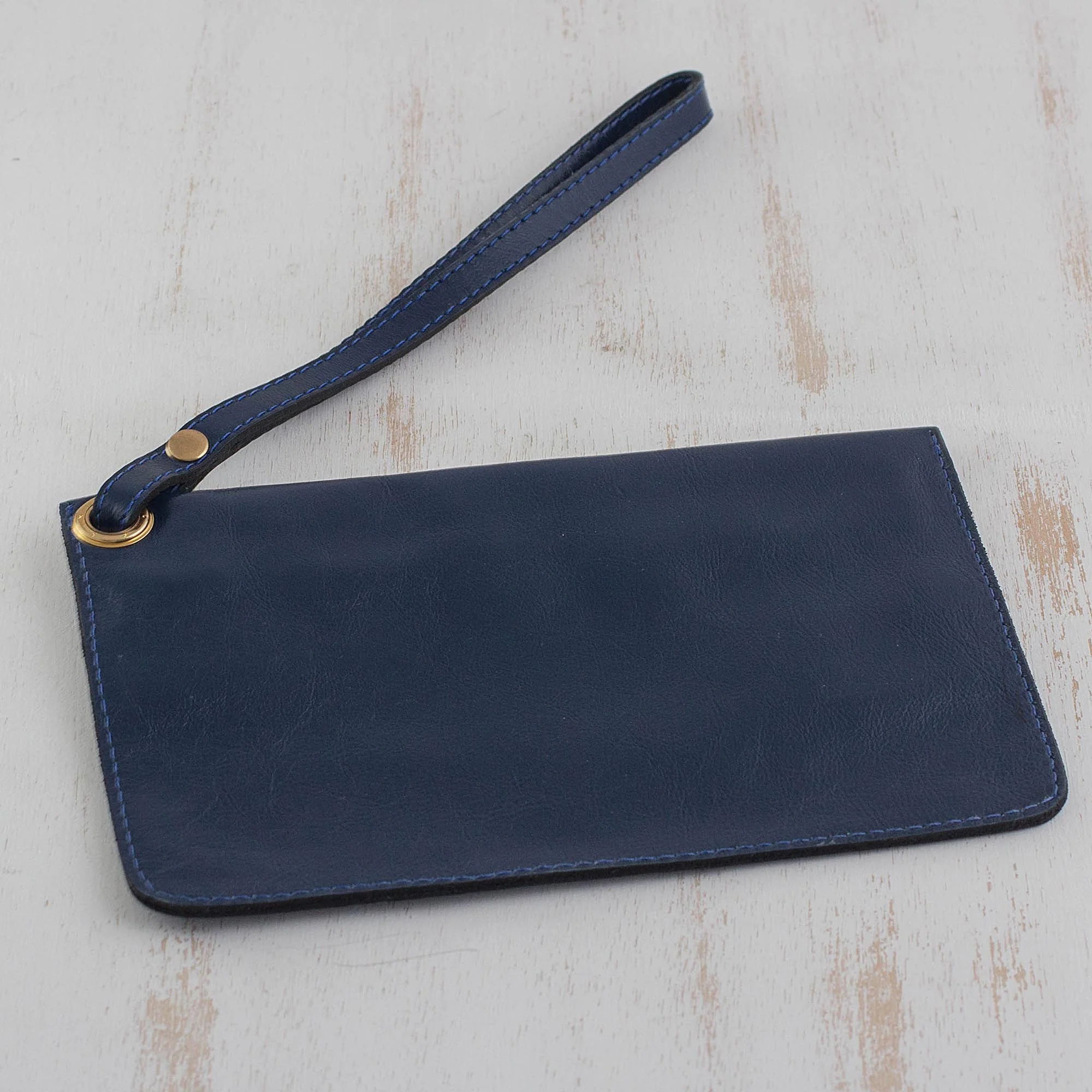 Navy Sophistication Handcrafted Leather Wristlet in Navy from Brazil - Image 4