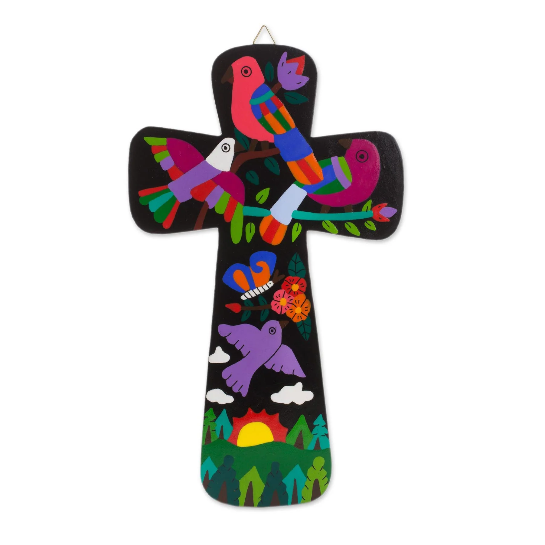Neon Nature Pinewood Wall Cross with Neon Bird Motifs from El Salvador - Image 2
